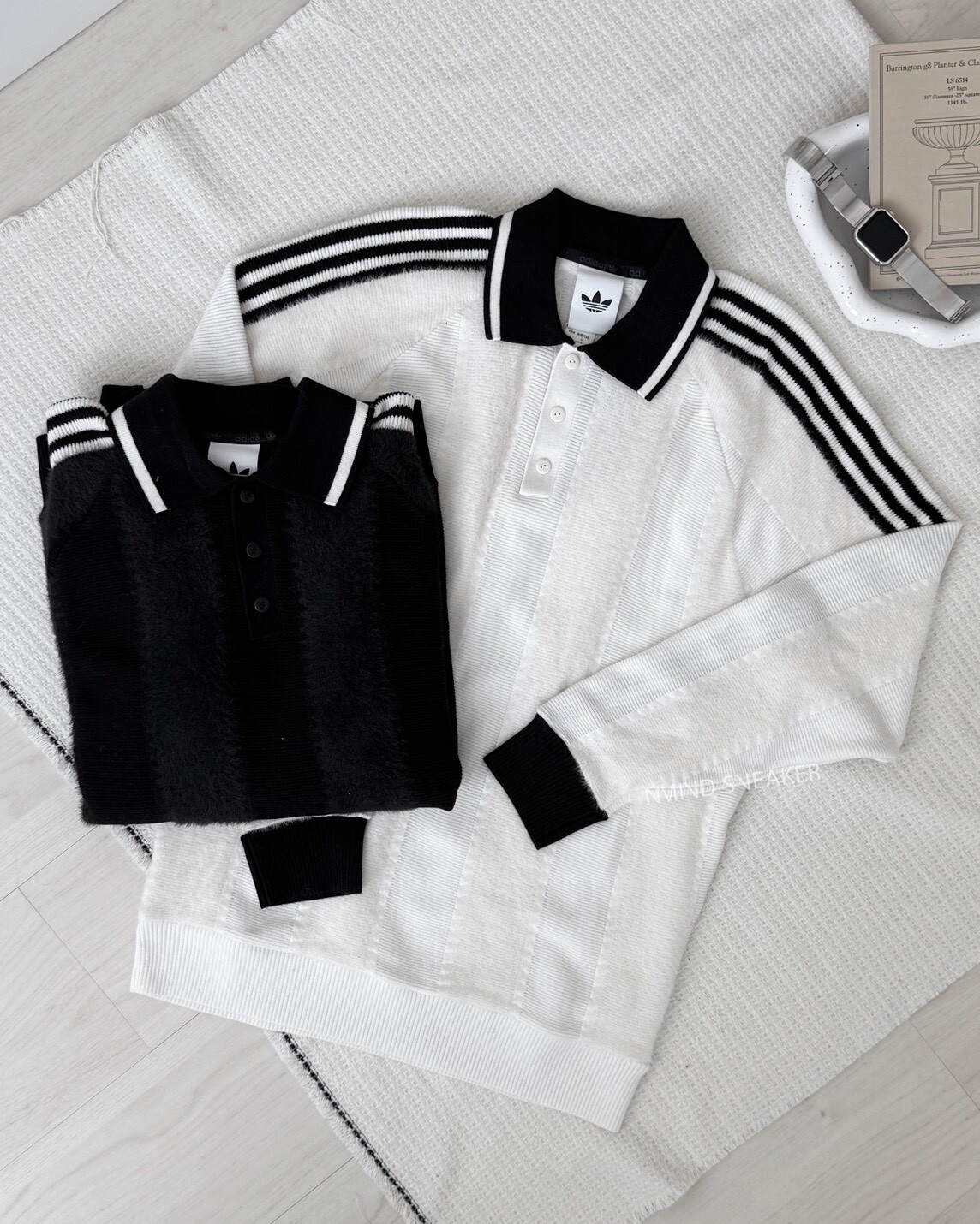 ADIDAS ORIGINALS 同色條紋 針織翻領 長袖上衣 兩色