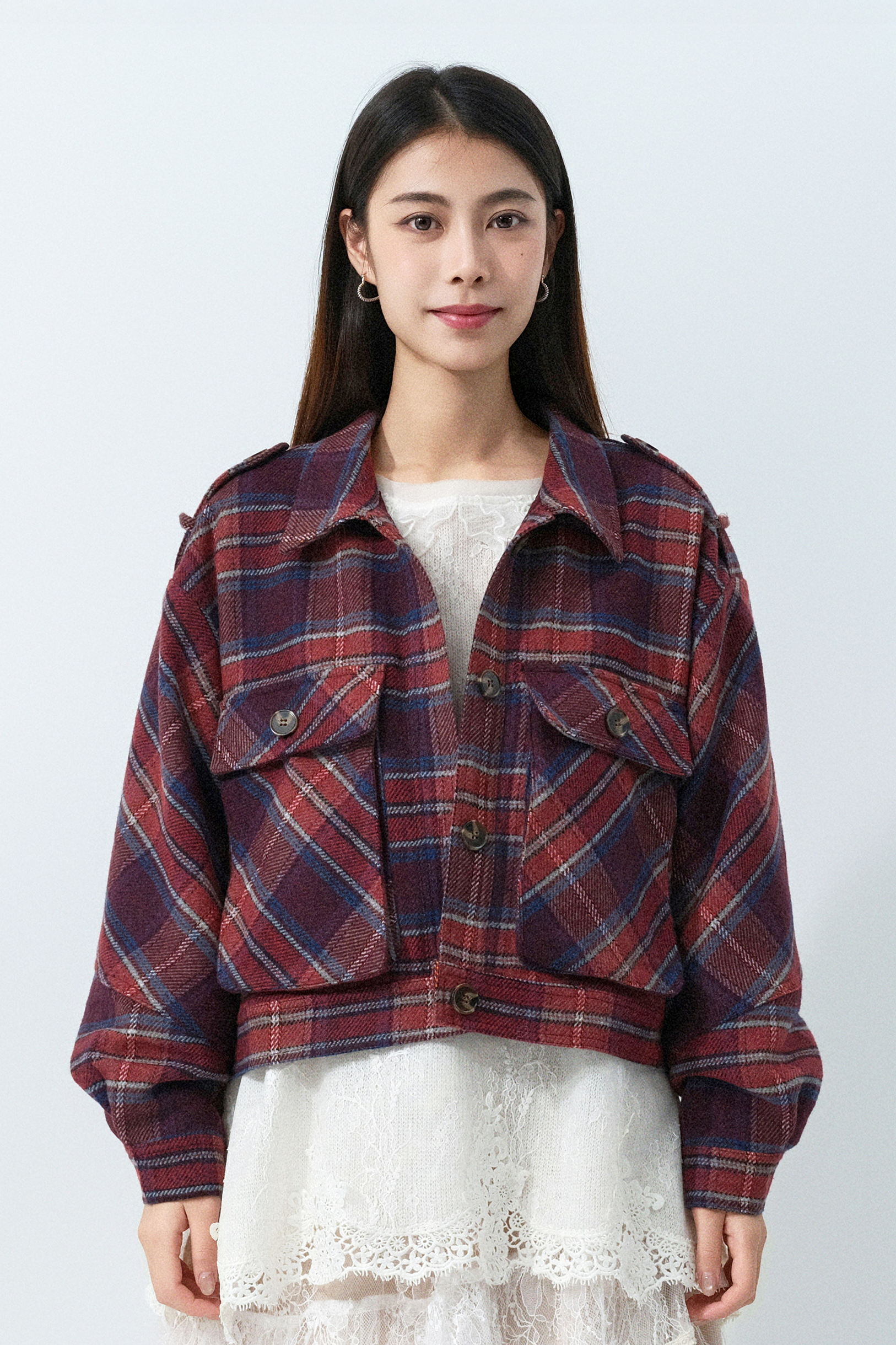 大格紋絨短外套 (預購產品）