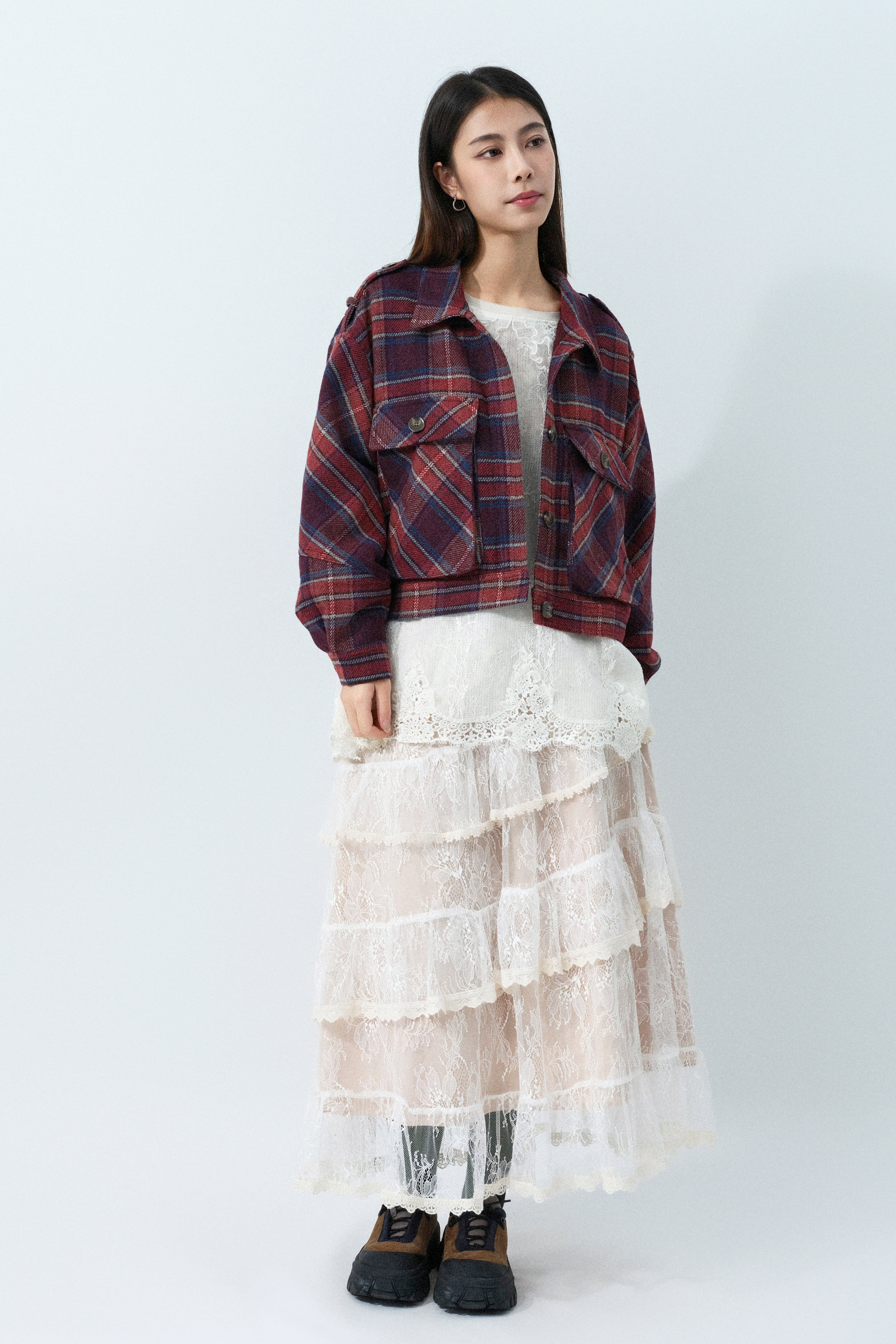 大格紋絨短外套 (預購產品）