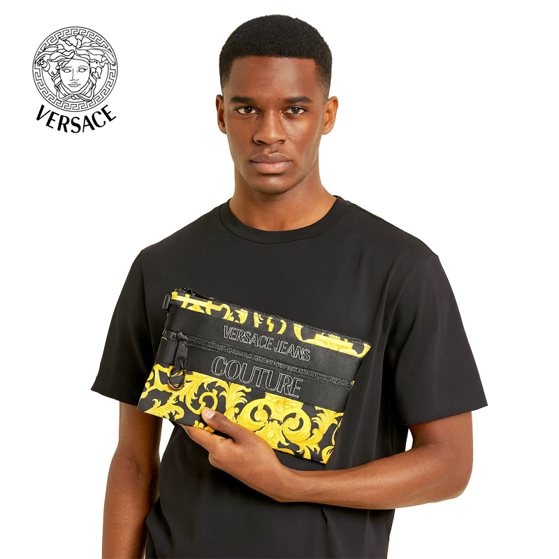 【Versace 凡賽斯】VERSACE-18 金花黑 滿版 串標 手拿包