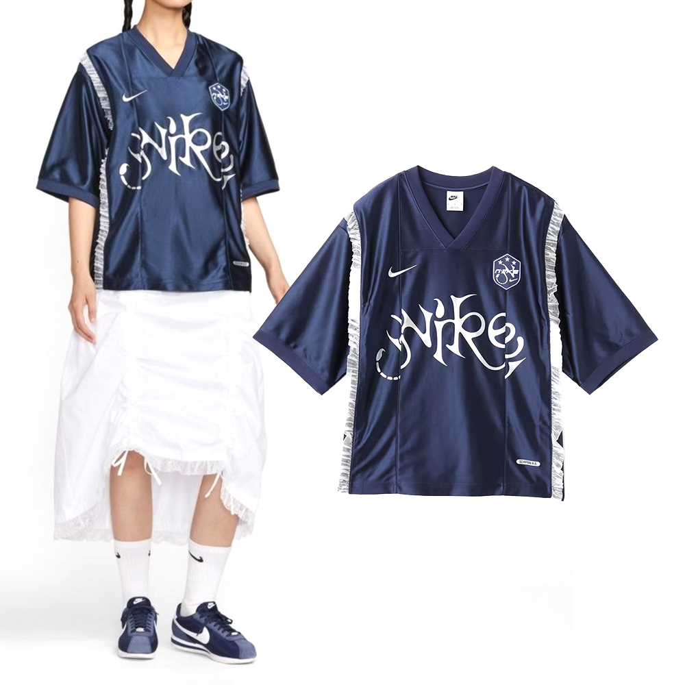 Nike Ss Gx Jrsy Top Gcel 女款 藍色 V領 蕾絲 滾邊 落肩 寬鬆 短袖 II1939-410