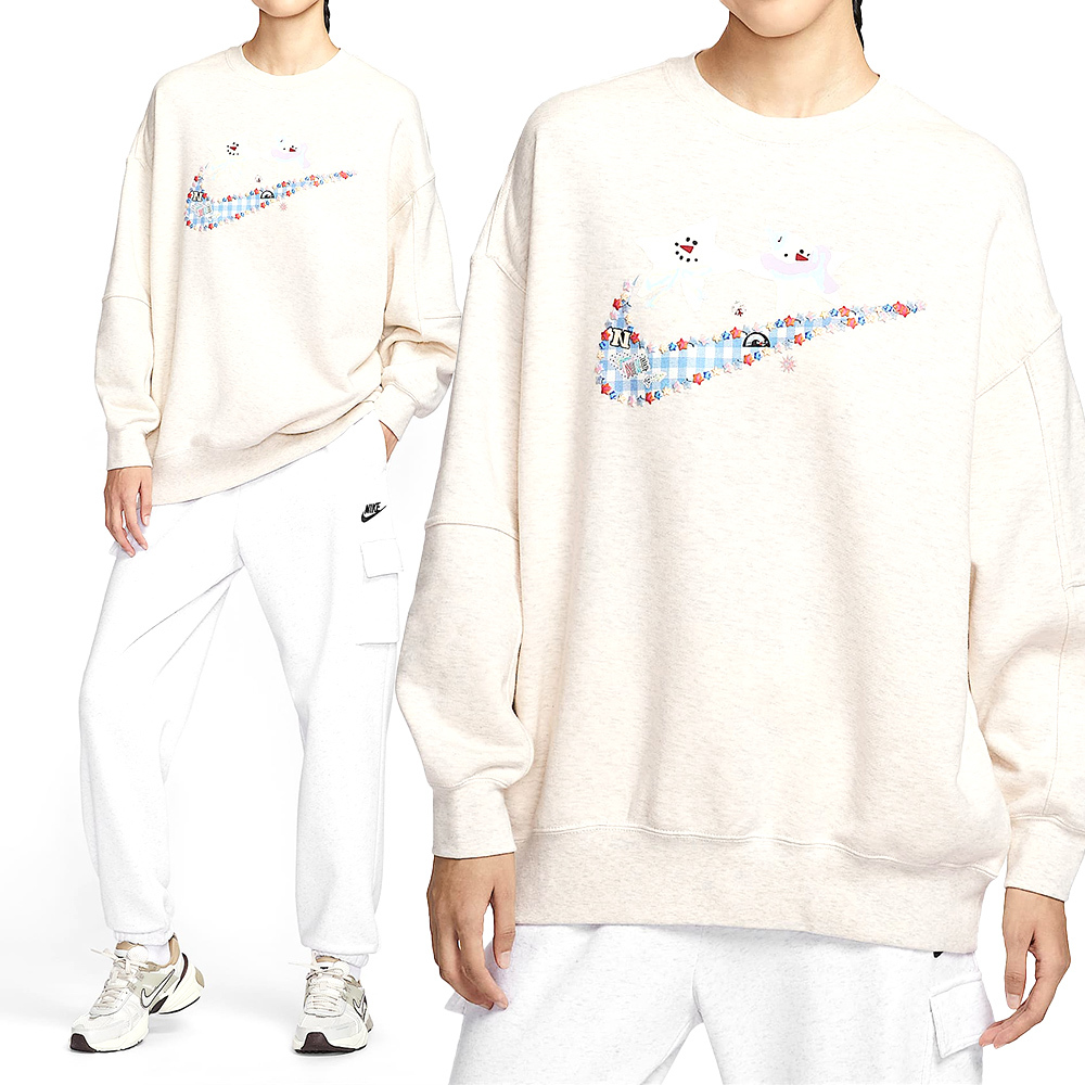 Nike Flc Os Long Crew Gcel 女款 米白色 印花 落肩 寬鬆 大學T 長袖 IO0487-141