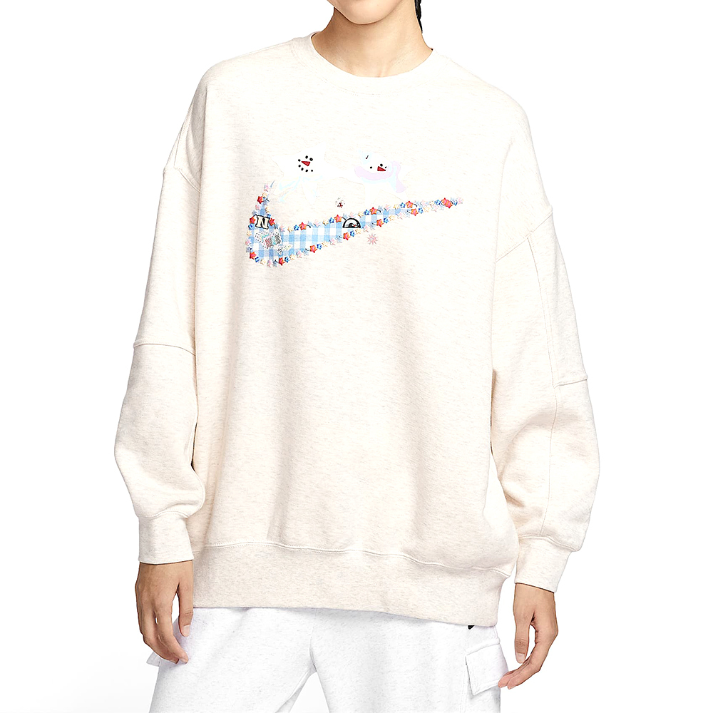 Nike Flc Os Long Crew Gcel 女款 米白色 印花 落肩 寬鬆 大學T 長袖 IO0487-141