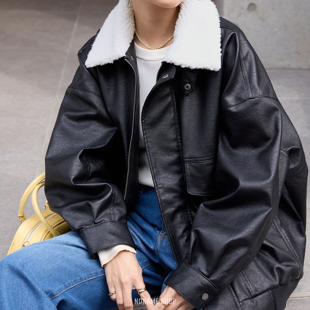 MONO-MART 復古 羽毛領 翻領 立領 皮革 外套 兩色 (女款)