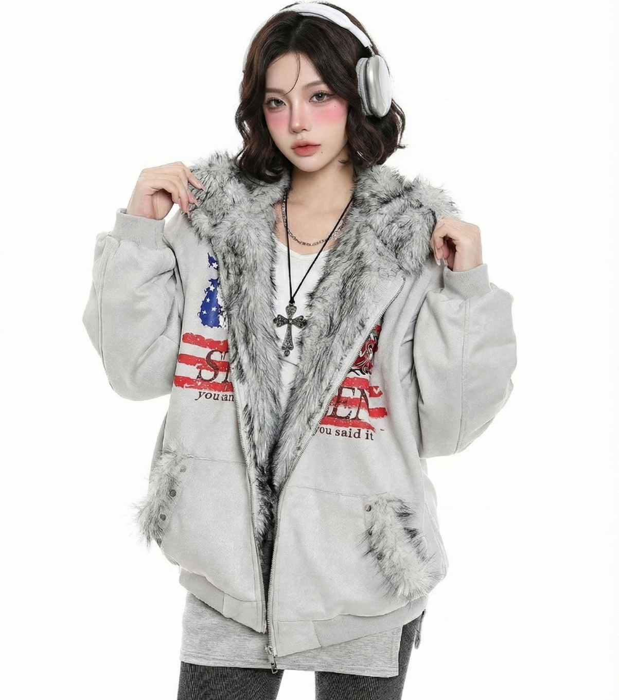 美旗毛毛連帽外套