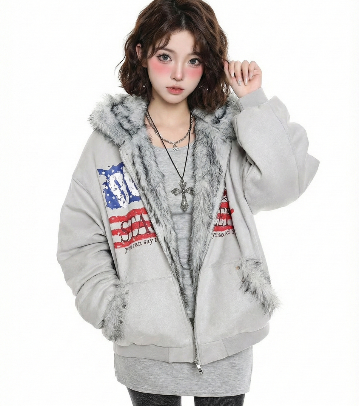 美旗毛毛連帽外套