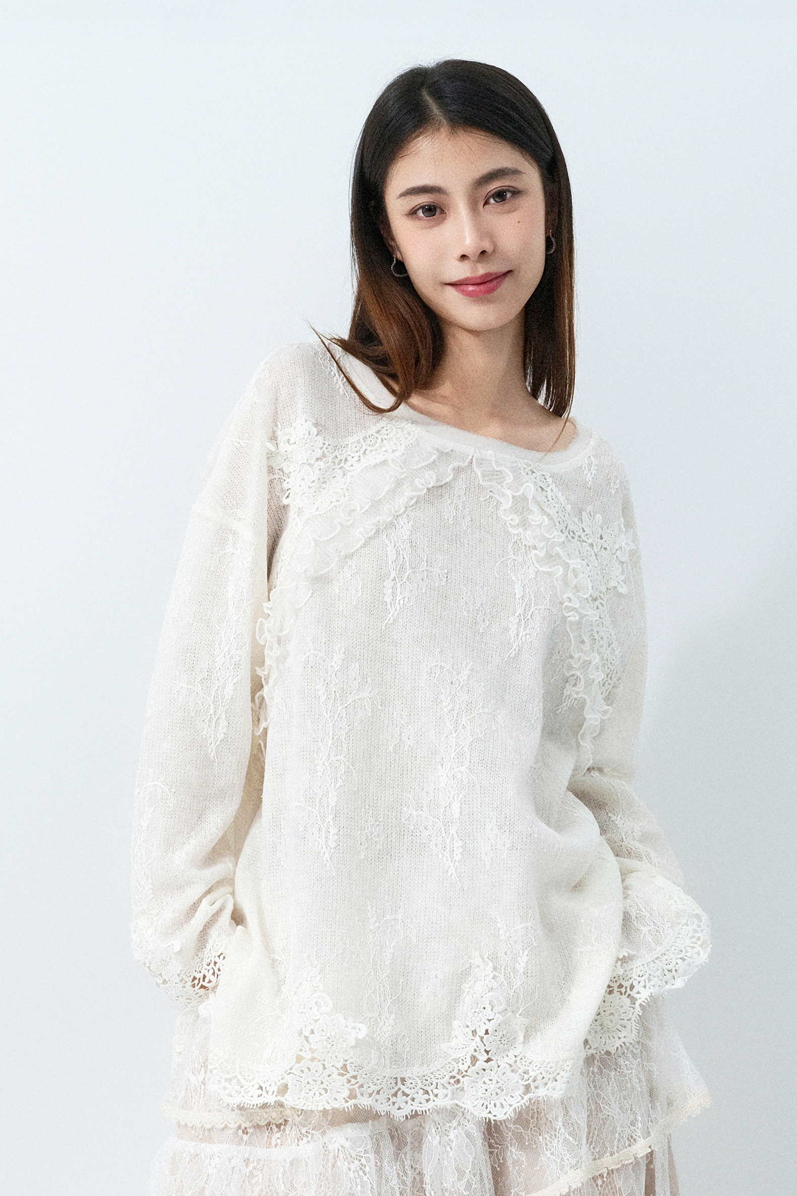 蕾絲網面針織底上衣 (預購產品）