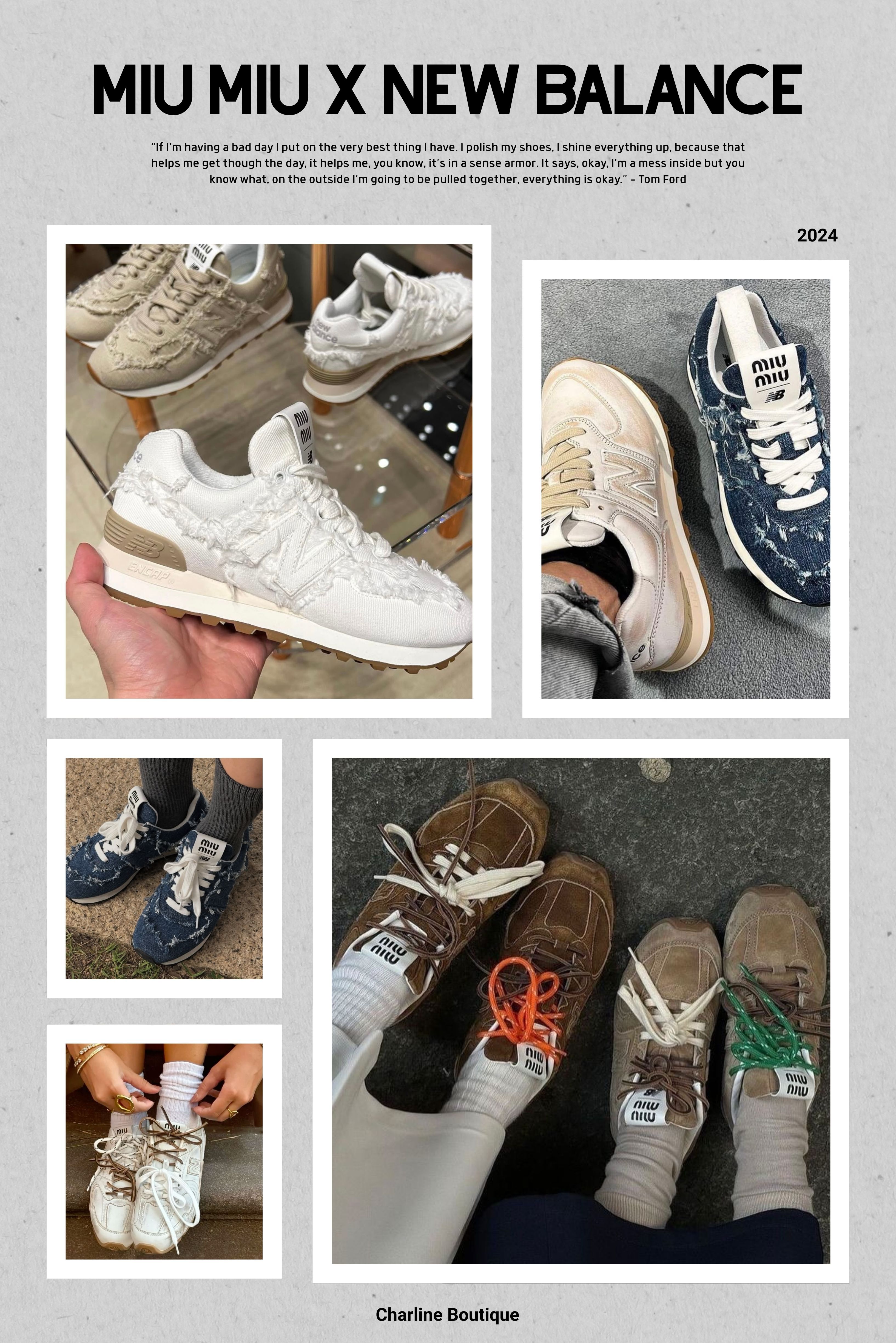 在了解了 Miu Miu x New Balance 聯名系列的資訊後，相信許多人會開始產生一些關於購買前會遇到的疑問，以下Charline Boutique整理出了最常被詢問、也最實用的 Q&A，幫助您在挑選聯名款時能更佳的清楚。    Miu Miu x New Balance 聯名款相關Q&A    Q1：Miu Miu x New Balance 的鞋子為什麼這麼難買？  A：因為每次聯名都不是常態補貨，配貨量也偏少，所以容易一上架就秒殺。Charline Boutique 觀察到，熱門的抽鬚 574 以及 530 光皮款幾乎都是被秒殺的狀況，甚至是讓人感覺這系列永遠缺貨。實際上會這麼難買，是因為以下四大原因：  1. 高人氣與品牌聯名效應：因為結合了 Miu Miu 的精品時尚與 New Balance 的舒適機能，跨品牌粉絲同時湧入導致需求激增，再加上明星與社群穿搭的推波助瀾，使得鞋款一開賣就被搶購一空。  2. 設計獨特且具話題性：像雙鞋帶、抽鬚細節、光面做舊皮革或全麂皮等辨識度極高的元素讓聯名鞋款不僅好搭配也極具討論度，形成越看越想買的連鎖效應，使市面需求持續走高。  3. Limited Edition（限量特性）：多數聯名配色與款式皆採限量發售，補貨不固定、量也偏少，熱門尺寸經常秒殺，就連 Miu Miu 的平替款如 204L 都會因為受聯名帶動而迅速售罄，加深了“永遠買不到”的印象。  4. 用料與工藝比一般 NB 高：用全麂皮與光面做舊皮革等更高級的材質，部分款式甚至為英國製造、工藝細節更精緻；由於生產成本與手工要求較高，使得整體產量無法像一般 NB 那樣大量生產，因此呈現出更明顯的精品質感，也讓這系列具備一定的收藏價值。    Q2：Miu Miu x New Balance 的尺寸要怎麼選？正常尺寸還是要大半號？  A：Miu Miu x New Balance 多數情況穿正常尺寸即可，但如果你腳型偏寬、腳趾較長，或喜歡搭配厚襪，帶大半號會更保險。Charline Boutique 常常遇到客人詢問尺寸問題，我們整理出以下最不踩雷的判斷方式：  腳型判斷：一般腳型可直接選平常穿的 NB 尺寸。腳板偏寬或腳趾較長則建議大半號。  經常搭配厚襪：建議向上加半號，Charline Boutique 留意到冬季穿搭中厚襪會明顯占空間。  材質差異（530 SL 皮革款）：皮革初期偏緊，但越穿越鬆，正常尺寸穿久後會更貼腳，所以不建議一開始選太大號。  兩腳必須一起試穿：左右腳大小不同很常見。  檢查貼合度：腳後跟要穩、足背不緊、腳趾需有空間，在實際代購過程中，這是最常避免買錯尺寸的重點。  Charline Boutique 特別想提醒大家：尺寸建議再怎麼準確，最安心的方法永遠是「本人親自試穿」，因為每個人的腳型差異真的很大。    Q3：Miu Miu x New Balance  聯名款有哪些款式？  A：如果整理到目前為止（2022–2025）的聯名系列，Miu Miu x New Balance 主要推出了兩大鞋型：574 系列與 530 SL 系列。每一代都有不同的材質、顏色與細節變化，但整體款式分類非常清楚。Charline Boutique 觀察到，最受歡迎、討論度最高的就是 574 的抽鬚款，以及 530 SL 的麂皮與全皮革款。  2022：首次聯名（NB 574）   574 仿舊皮革款（首發）：以經典 NB 574 為基底，搭配 Miu Miu 的仿舊皮革處理，是第一代最具代表性的設計。   574 抽鬚丹寧款：具有毛邊抽鬚細節，視覺辨識度極高。  574 仿舊奶茶色 / 深藍色等限定色：屬於早期聯名的小眾配色，現在市場上比較稀少。  2023：第二次聯名（NB 574 延伸款）  574 抽鬚棕色款：延續 2022 設計概念，但配色更實穿。  574 抽鬚丹寧升級版：更重工的丹寧抽鬚，層次更明顯，是 574 系列中最受時尚圈討論的款式。  574 白色做舊皮革款：軟皮＋做舊細節，是許多追求舒適度的客人最推薦的一雙。  2024：第三次聯名（NB 530 SL）  530 SL 麂皮＋網面款：首波一推出就被搶購，輕盈、透氣、好搭，是最早爆紅的 530 SL 款式。  530 SL 全麂皮款：整雙鞋因全麂皮而更高級，質感明顯升級，許多收藏家都會鎖定這款。  530 SL 全皮革光面款：被稱為「最精品感」的版本，Charline Boutique 發現這款常常是詢問度第一名，也是目前最容易斷碼的款式。  530 SL 拼接雙鞋帶版本：這是 2024 年最具特色的亮點設計，兼具時尚性與辨識度。    Q4：Miu Miu x NB 530 與 574 版型差在哪？哪一雙比較好走？  A：Charline Boutique 整理後的心得是這兩款的設計定位本來就不同，因此在版型與舒適度上也有明顯差異。兩雙都有自己的粉絲，而哪雙比較好走，通常取決於您自己的腳型與穿著需求。  Miu Miu x NB 530：以經典 530 鞋型為基底，加入 Miu Miu 的時尚語彙，最大亮點是將厚底改成超薄鞋底，呈現更前衛、輕盈、修長的視覺效果。鞋面常搭配做舊皮革、麂皮與雙鞋帶等細節，整體更具潮流感與造型力。  Miu Miu x NB 574： 維持 574 經典復古鞋型，楦頭較寬、鞋底扎實，穿起來更穩定舒適。設計上加入抽鬚丹寧、做舊皮革等 Miu Miu 代表性元素，使整雙鞋帶有叛逆又復古的造型感。    Q5：Miu Miu x NB 推薦入手的顏色是哪一個？ A：Miu Miu x New Balance 最推薦的三大入手顏色是：棕咖啡色、奶油白色、白色皮革款。這三色在穿搭上最好駕馭，也是顧客回饋中最穩定、最不容易後悔的選擇。Charline Boutique 觀察到，這三個顏色在聯名系列裡的詢問度與滿意度都始終名列前茅。  棕咖啡色：適合搭配今年流行的復古皮衣、休閒褲裝或裙裝，能呈現隨性休閒又帶優雅精緻的風格，是許多人推薦的必入手色。  奶油白色：散發清新柔和的氛圍，百搭不突兀又能成為亮點，搭配咖啡色鞋帶時能提升色彩層次與精品質感。  白色皮革款：外型乾淨俐落，做舊皮革質感高級，穿搭適用度最高，是詢問度與滿意度都最高的顏色。    Q6：Miu Miu x NB 是否有男款？  A：Miu Miu x New Balance 的聯名系列並不是限定女性穿著，而是以 中性概念（unisex） 打造，只要腳型與版型合適，男生當然也能穿。Charline Boutique 觀察到，越來越多男性客人會把 530 SL 或 574 視為造型鞋來搭配，尤其搭寬褲、皮衣、牛仔套裝時效果非常突出。    Q7：Miu Miu除了NB聯名款還有推薦哪款鞋？  A：除了 NB 聯名款，Miu Miu 還有許多值得入手的鞋款，包括 Plume 系列運動鞋、以及瑪莉珍鞋等等。Charline Boutique 觀察到，這些都是穿搭度高、詢問度高、而且擁有 Miu Miu 標誌性風格的熱門選擇，是品牌粉絲必看的清單。  Miu Miu Plume：薄底設計、輪廓簡潔，靈感源自德訓鞋，以皮革、麂皮、帆布與納帕皮革等多材質拼接，最適合不想撞鞋又想呈現精品運動風的人。  Miu Miu 芭蕾舞鞋：以經典芭蕾鞋為基底加入綁帶元素與柔軟皮革，造型可甜可帥，適合想展現 Miu Miu 標誌性少女感的人。  Miu Miu Mary Jane 瑪莉珍鞋：以圓頭＋扣帶的可愛輪廓搭配厚底增高設計，讓腿型更修長，最適合喜歡甜美中帶點叛逆風的人。  Miu Miu Loafers 樂福鞋：以俐落的學院風為基調結合增高厚底與光滑皮革，正式與休閒都能穿，是日常百搭度最高的 Miu Miu 鞋款之一。    Q8：Miu Miu x NB的聯名款只有推出鞋子嗎？  A：當然不是，Miu Miu x New Balance 的合作不只推出鞋子，最新一季更擴大到服飾、運動風單品與多款配件。這波合作首次加入以網球服為靈感的造型服飾，延伸出更完整的運動時尚造型。Charline Boutique 觀察到，今年聯名系列的配件與服飾詢問度比以往更高，顯示大家對「整套造型感」的需求正在增加。  服飾：以網球裝束 為核心靈感，包含多種顏色組合的運動服飾、迷你裙、上衣等單品讓聯名鞋款的造型更完整、更具風格一致性。  配飾：與鞋款同系列的繩結、雙鞋帶等元素 被延伸到包款與小配件，包含肩背包、手機袋、帽款與其他小物，讓整體造型從鞋子延伸到配件，辨識度超高。    Q9：Miu Miu 除了 NB 聯名款之外，還有什麼聯名鞋款？  A：除了最熱門的 New Balance 聯名系列之外，Miu Miu 其實還推出過多款值得關注的聯名鞋款，包括 與 Church’s 的正式聯名，以及與 New Balance × Coco Gauff 的三方合作系列。這些鞋款都延續了 Miu Miu 一貫的復古、做舊與高級時尚語彙。Charline Boutique 觀察到，這類聯名通常話題度高、收藏性強，市場熱度甚至不輸 NB 系列。下面整理給你：  Miu Miu × Church’s：這是品牌繼 NB 之後推出的第二波大型鞋履聯名，於 2023 秋冬系列首次登場，結合 Church’s 的英倫製鞋工藝與 Miu Miu 的仿舊、復古與少女叛逆風格，推出如 Shanghai 系列等多材質拼接、帶流蘇與圓潤鞋頭的經典款式。  Miu Miu × New Balance × Coco Gauff（三方聯名）：這是 Miu Miu 與 New Balance 及網球選手 Coco Gauff 的三方合作系列，由 Coco 在比賽中著用，將 NB 的運動科技、Miu Miu 的時尚 DNA 與運動員個人形象融合為一，鞋款同樣具備 NB 舒適度但加入更多 Miu Miu 的潮流設計語彙。  Miu Miu × NB 聯名穆勒鞋（支線延伸款）：這款雖仍屬 NB 聯名系列，但以穆勒鞋型重新詮釋 NB 元素，外型更輕鬆、日常與春夏穿搭友好，是聯名系列中較低調但詢問度很高的延伸作品。    10：Miu Miu x New Balance 要去哪裡買？  A：Miu Miu x New Balance 的聯名鞋款在台灣曾於 2023 年 2 月底於指定 Miu Miu 專門店與官網限量發售，包括微風南山店、台中大遠百店與 miumiu.com。由於屬於限量款，過了發售期後在官方通路通常很難再購入，只能透過其他販售渠道或代購取得，因此若您想找特定配色或尺寸，直接詢問 Charline Boutique 代購會是最有效率、也最不容易踩雷的方式。