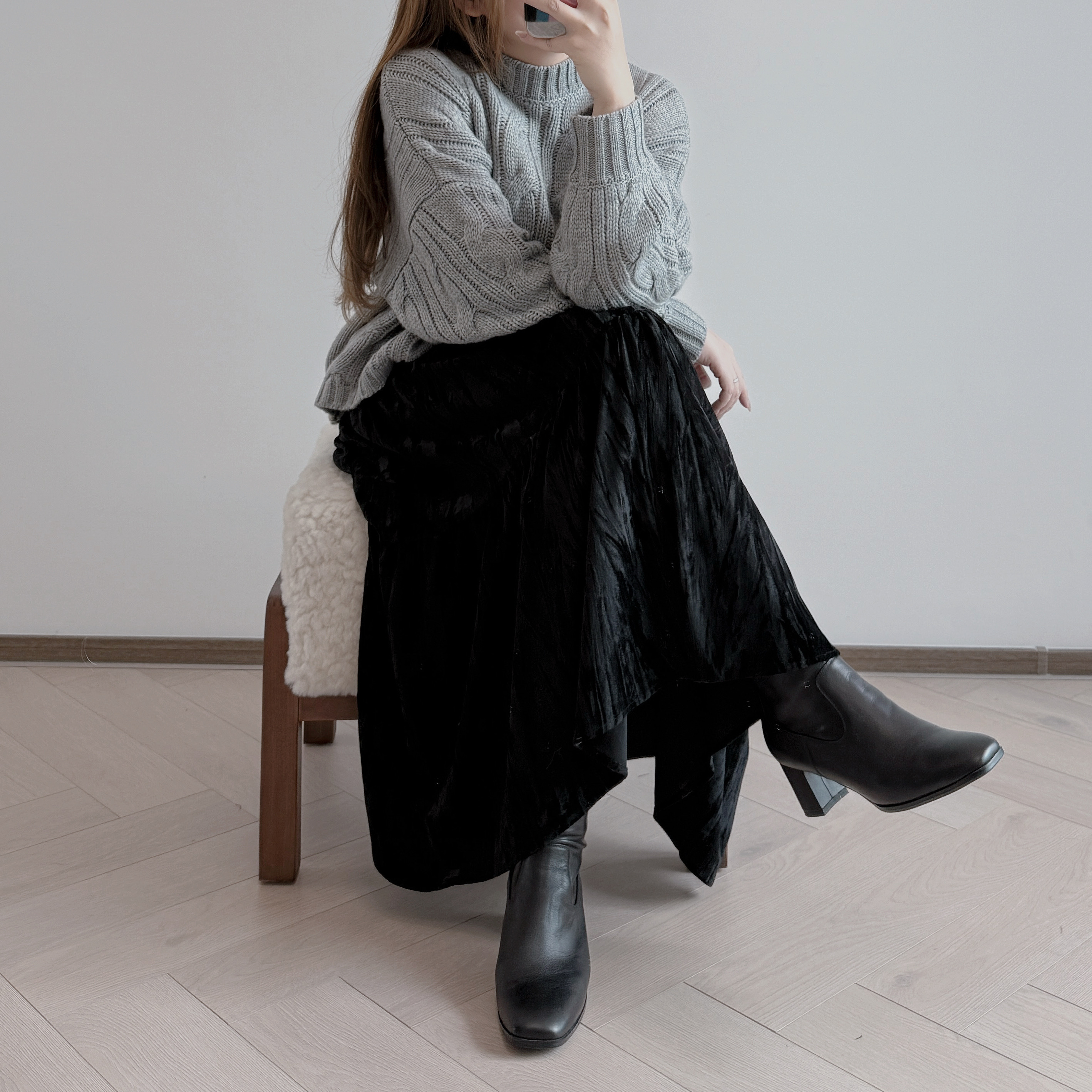 現貨 7322 黑色絲絨半身長裙