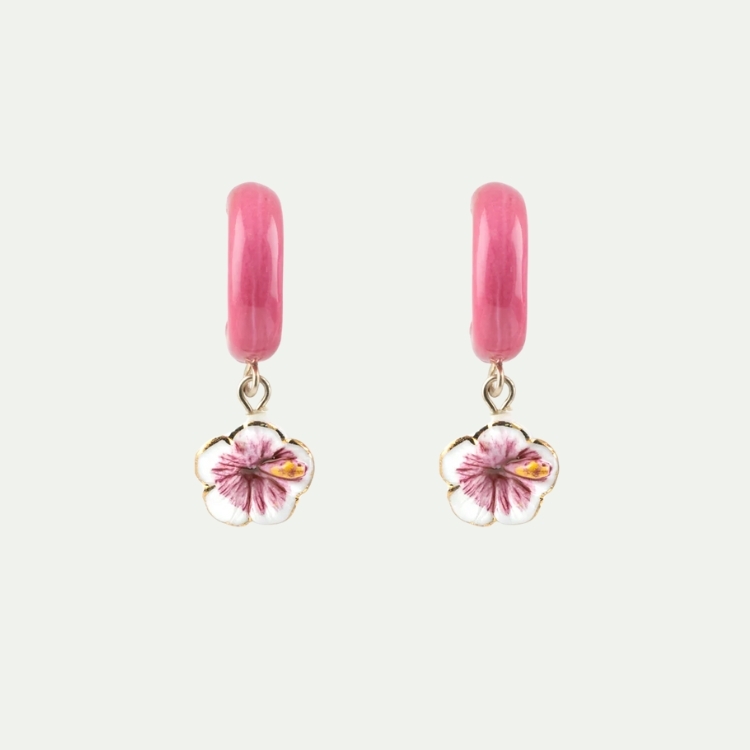粉扶桑花之戀圈型瓷耳環