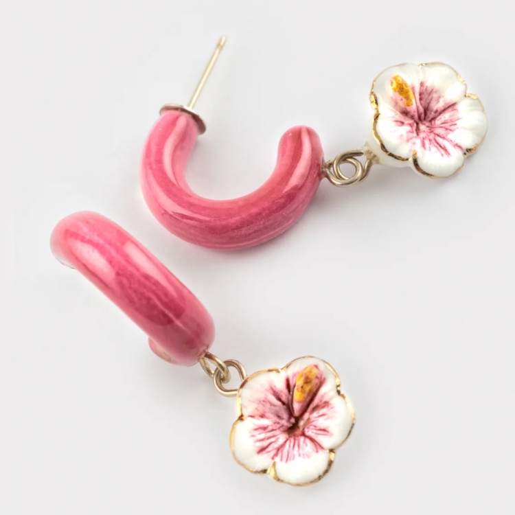 粉扶桑花之戀圈型瓷耳環