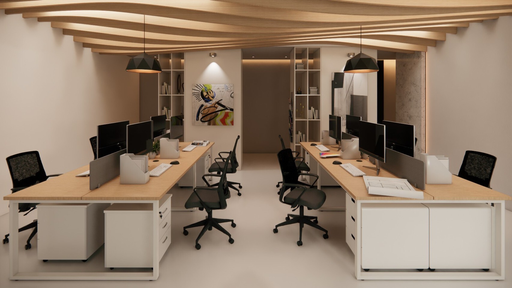 現代簡約風格開放式辦公室設計，特色為波浪造型木質格柵天花板，搭配淺橡木色長桌、黑色人體工學網椅與幾何吊燈，營造溫潤專業的商空氛圍。