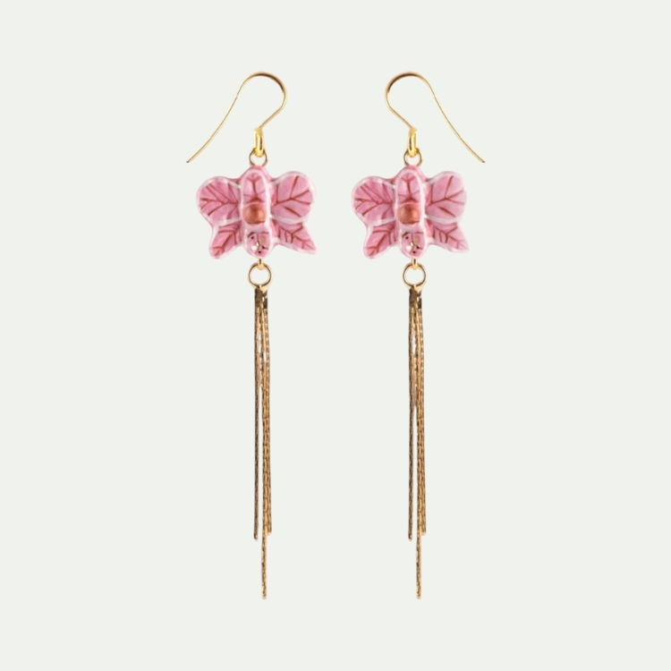 粉蝴蝶流蘇瓷耳環