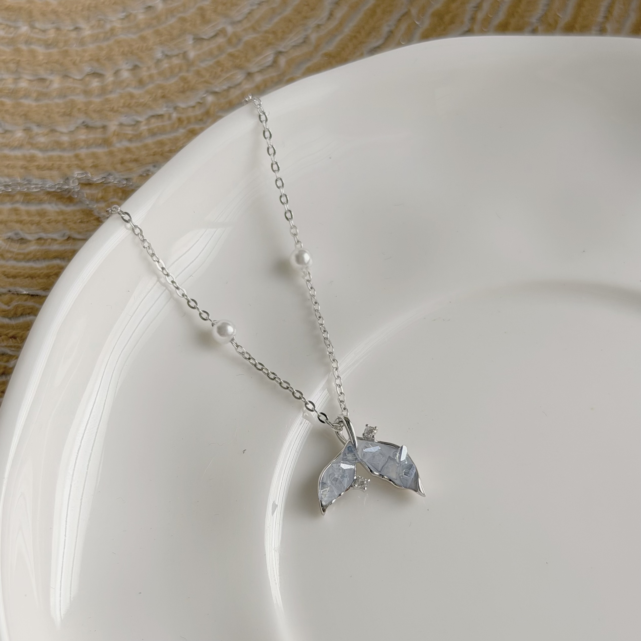 Y421【輕奢】水晶魚尾珍珠純銀鎖骨鏈