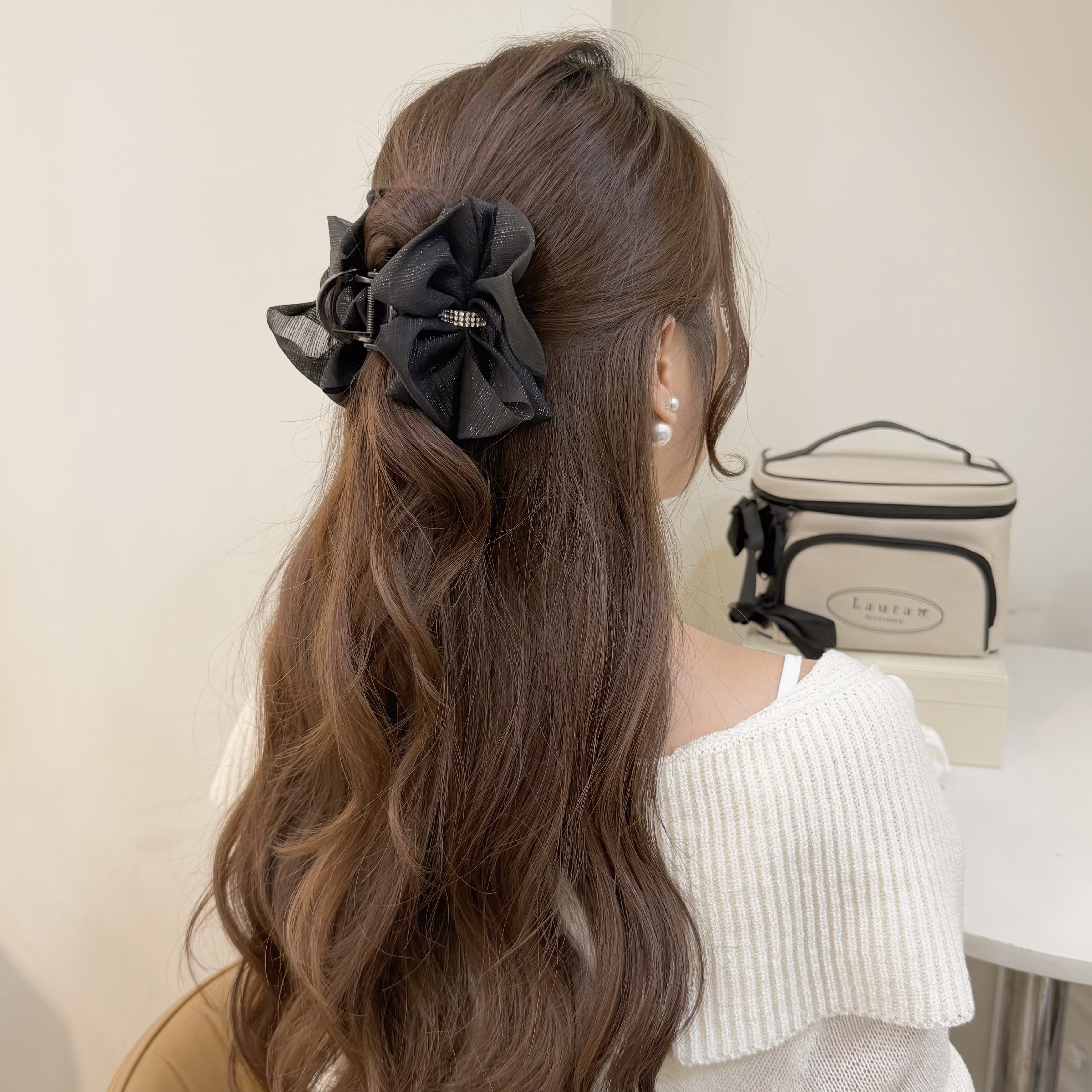 K259水鑽細閃斜紋網紗蝴蝶結半頭夾