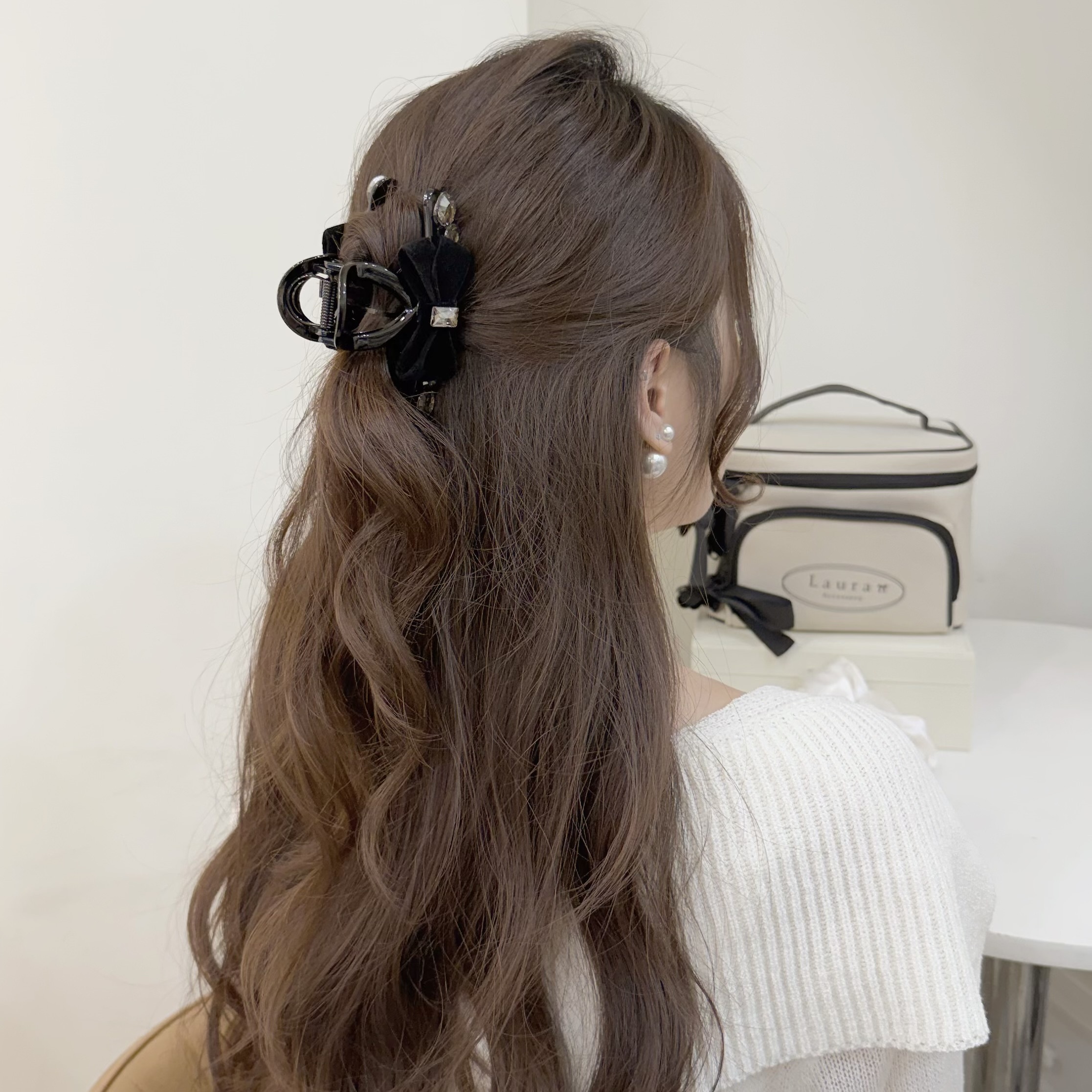 Z391方鑽絨布蝴蝶結半頭夾