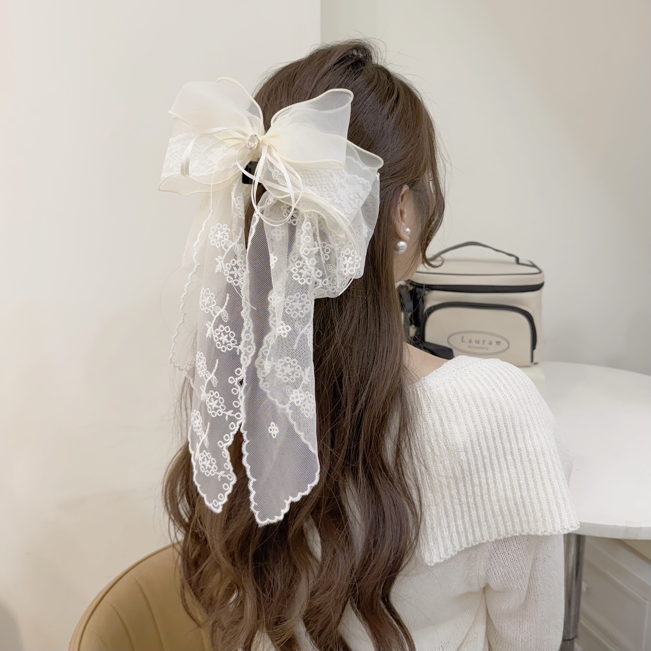 Z360仙氣水鑽網紗蕾絲蝴蝶結半頭夾