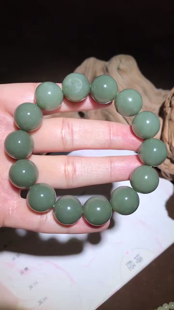 和田玉籽料青玉圓珠手鏈 (16mm直徑),天然和田玉軟玉