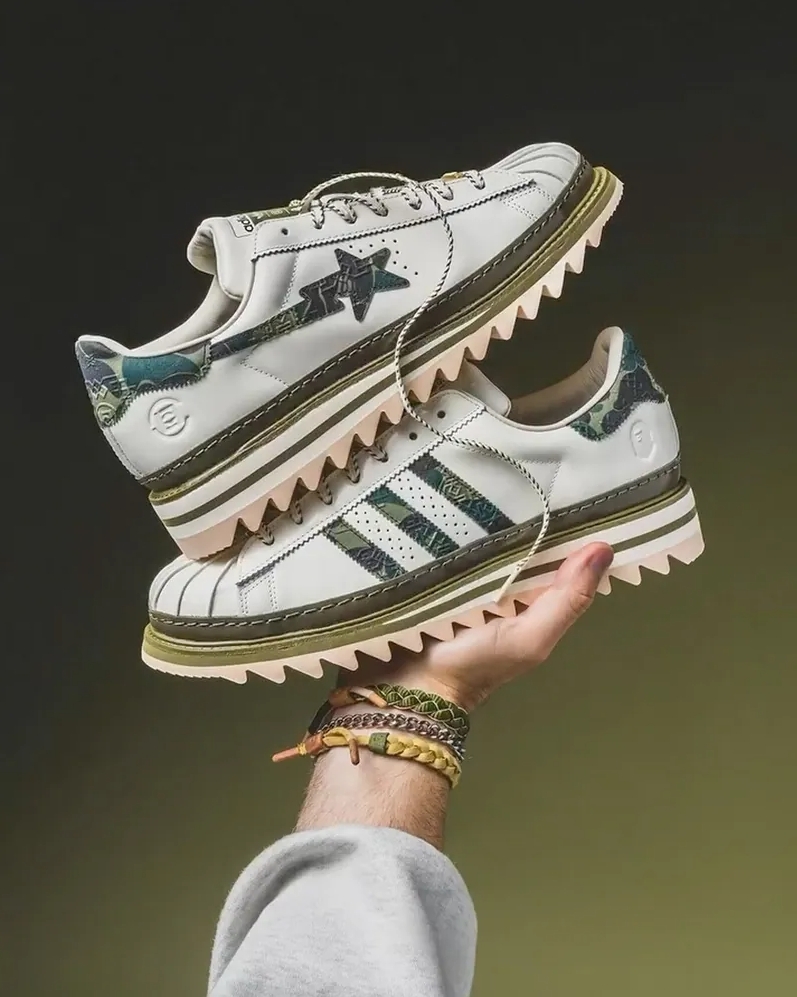 【陳冠希同款】 CLOT X BAPE X Adidas Originals SUPERSTAR 三方聯名 復古 白色 綠迷彩 星星 貝殼頭 厚底 鋸齒 KJ1473