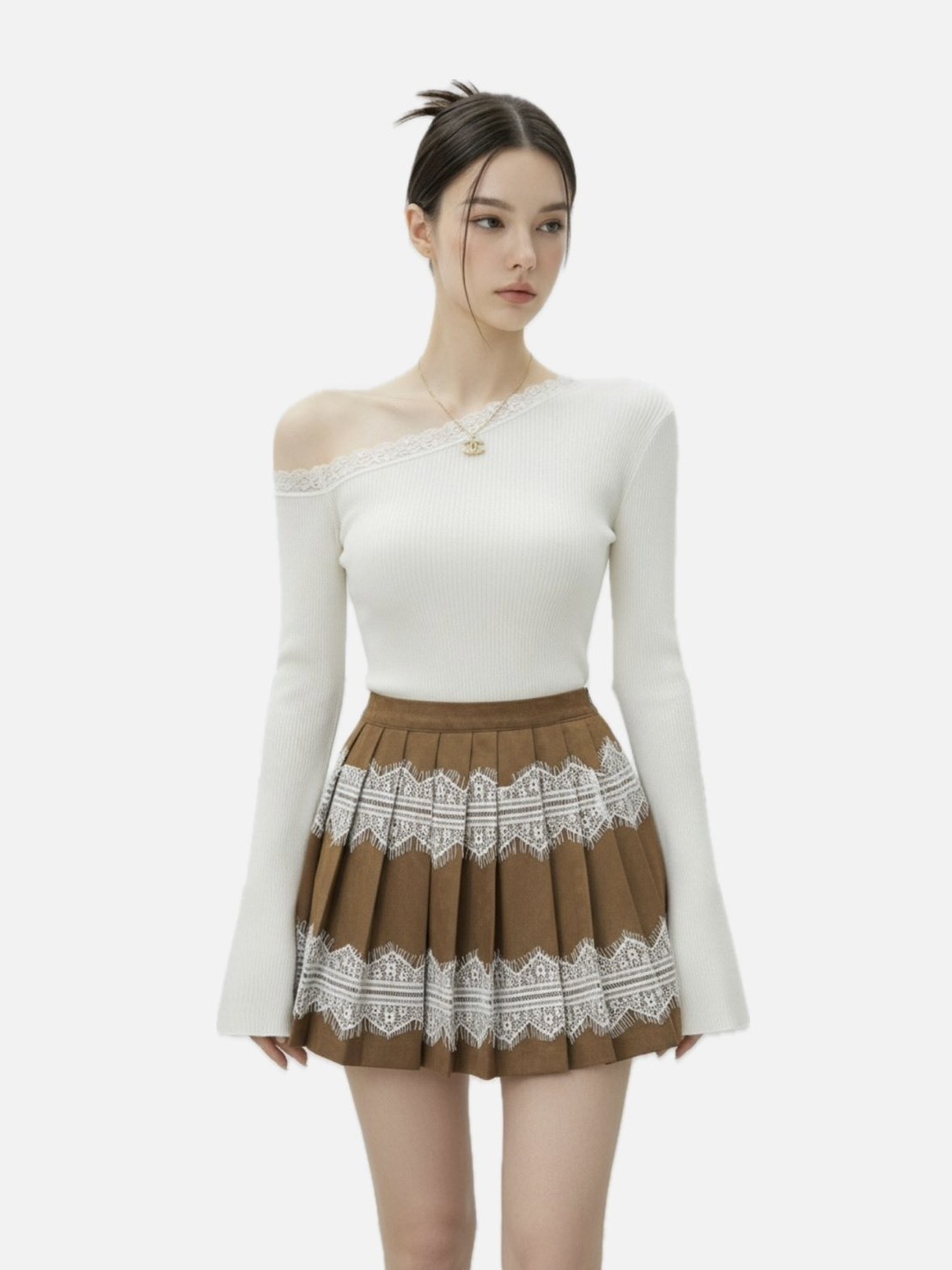 蕾絲圈百褶短裙