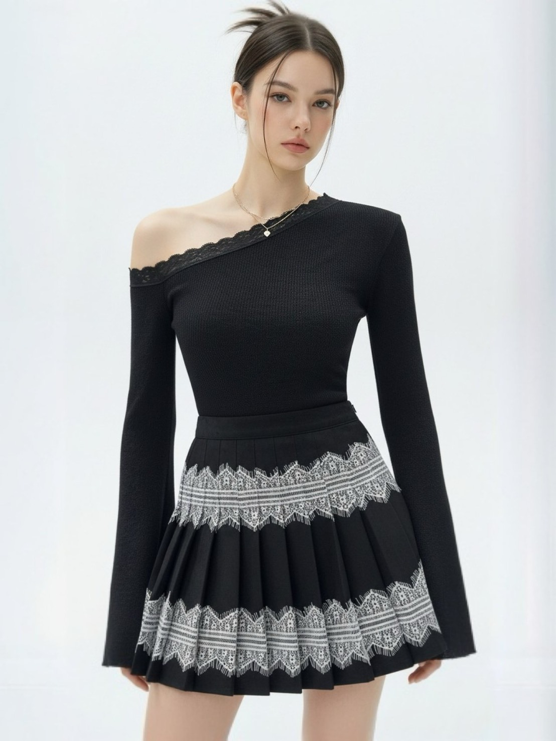 蕾絲圈百褶短裙