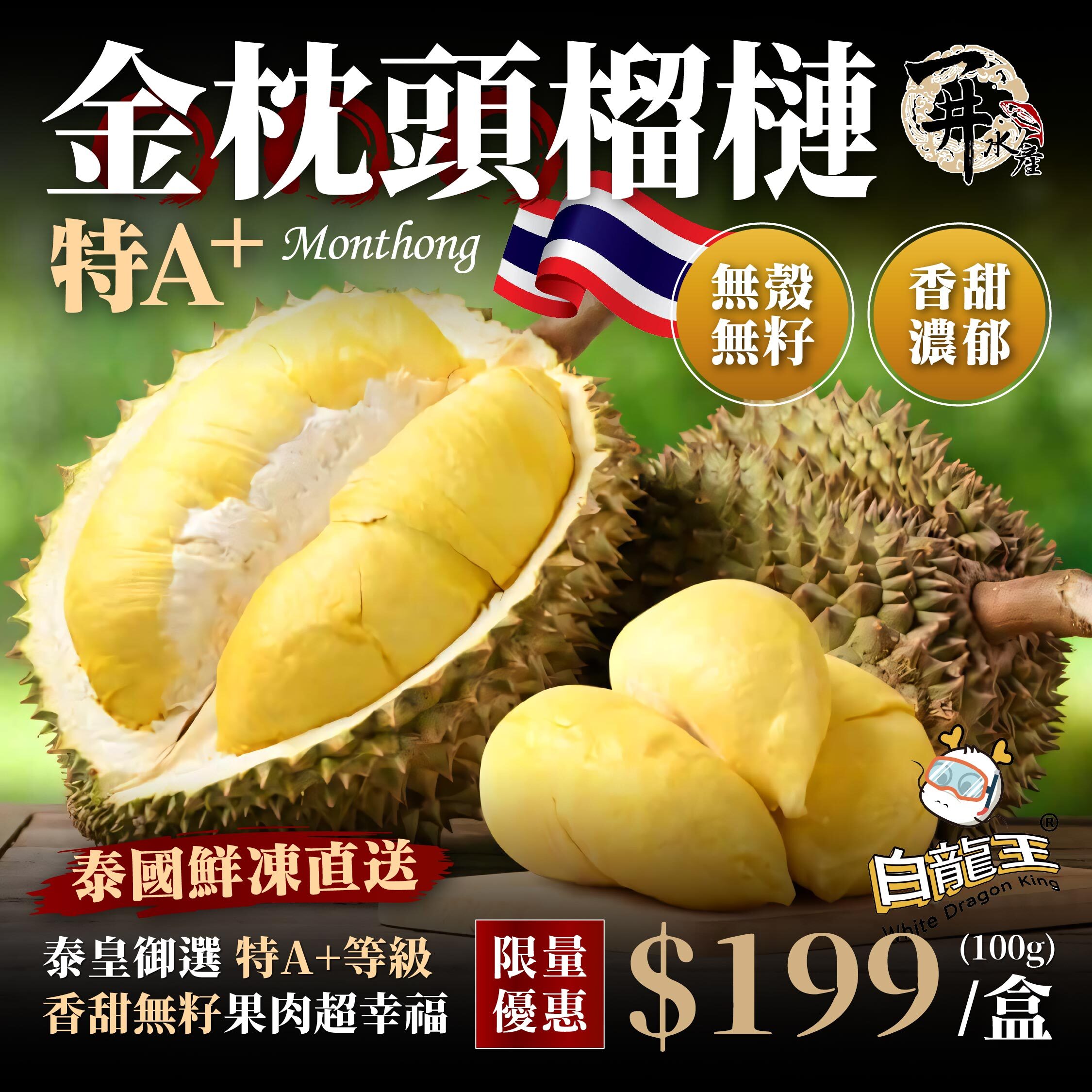 泰國 金枕頭榴槤｜白龍王金枕頭果肉無籽 / 白龍王金枕頭果肉有籽 / 泰國金枕頭果肉有籽