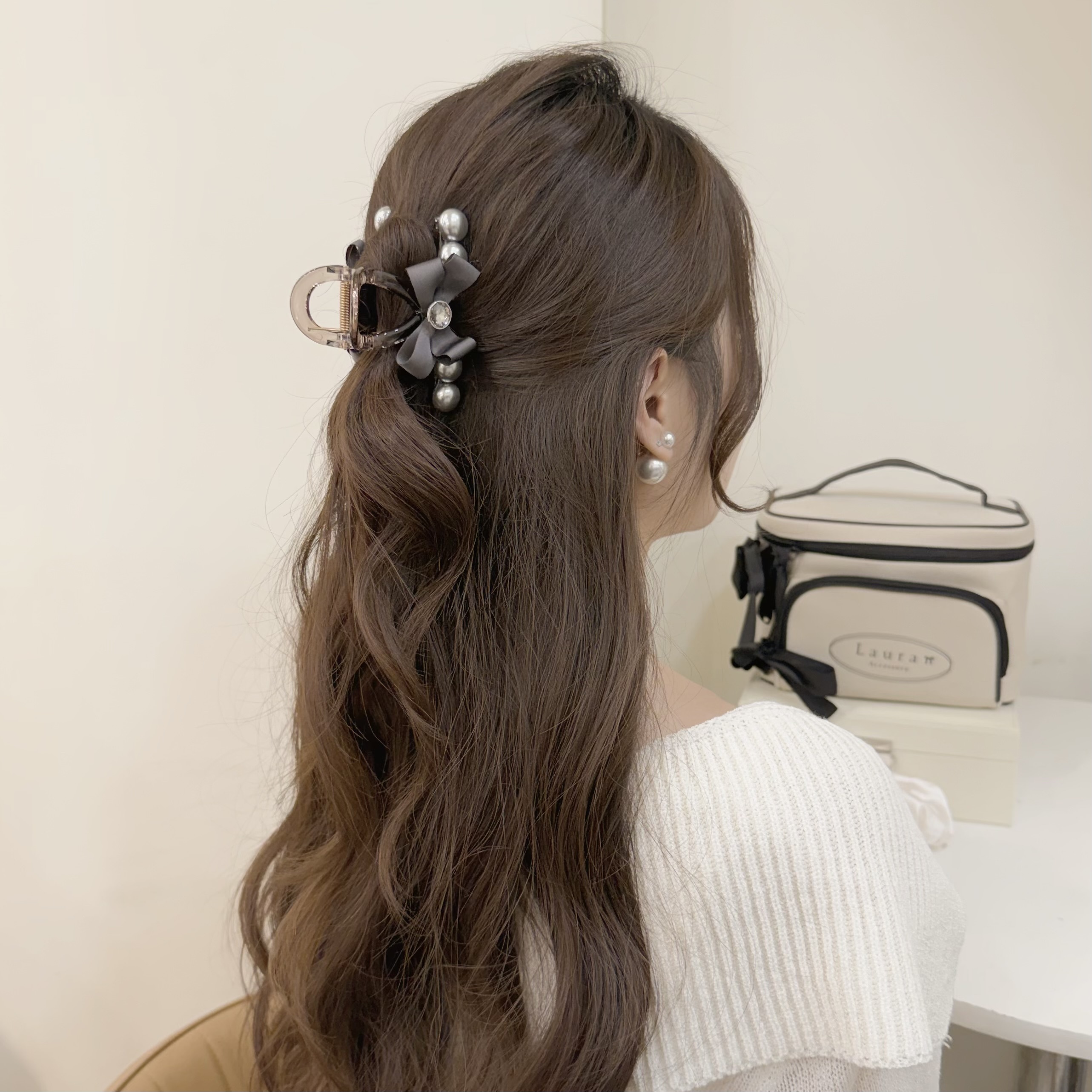 Z262水鑽蝴蝶結珍珠半頭夾