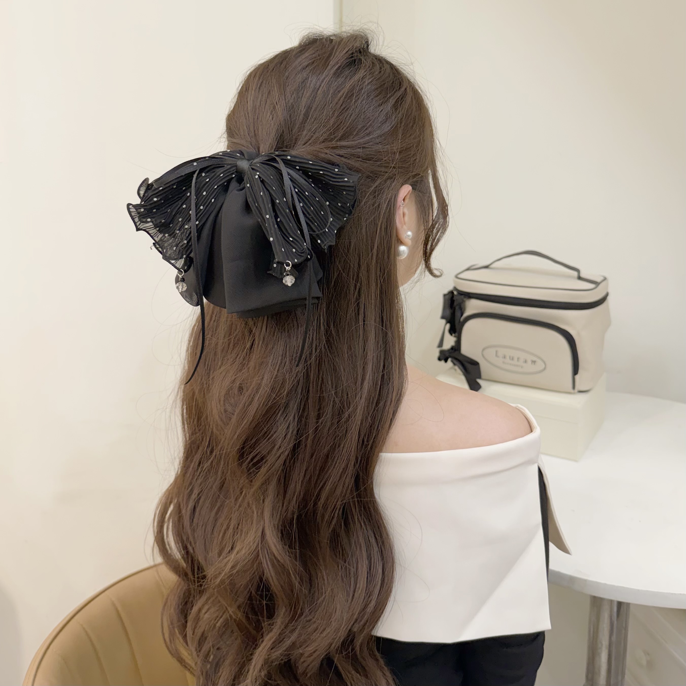 Y104網紗圓點蝴蝶結木耳邊半頭夾