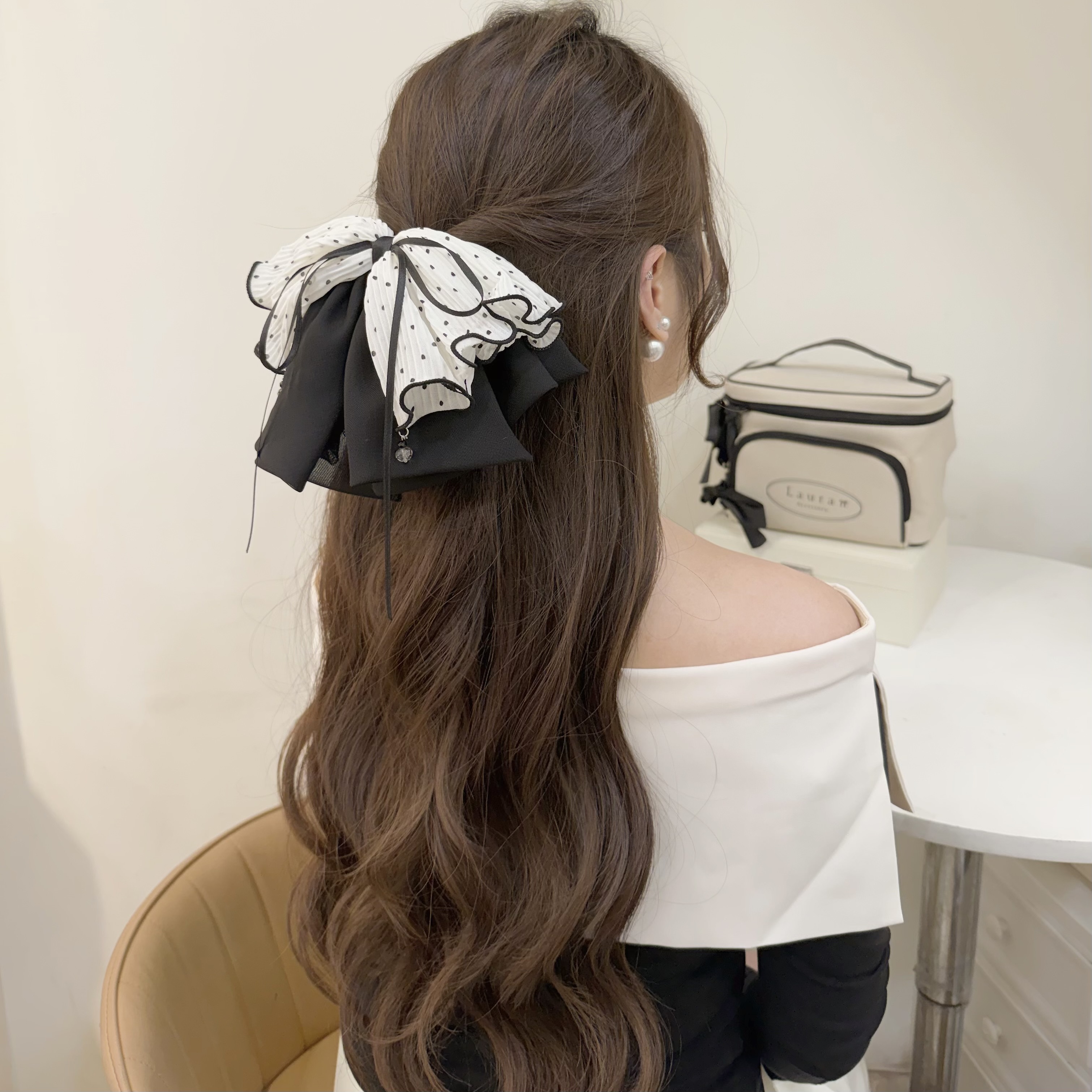 Y104網紗圓點蝴蝶結木耳邊半頭夾