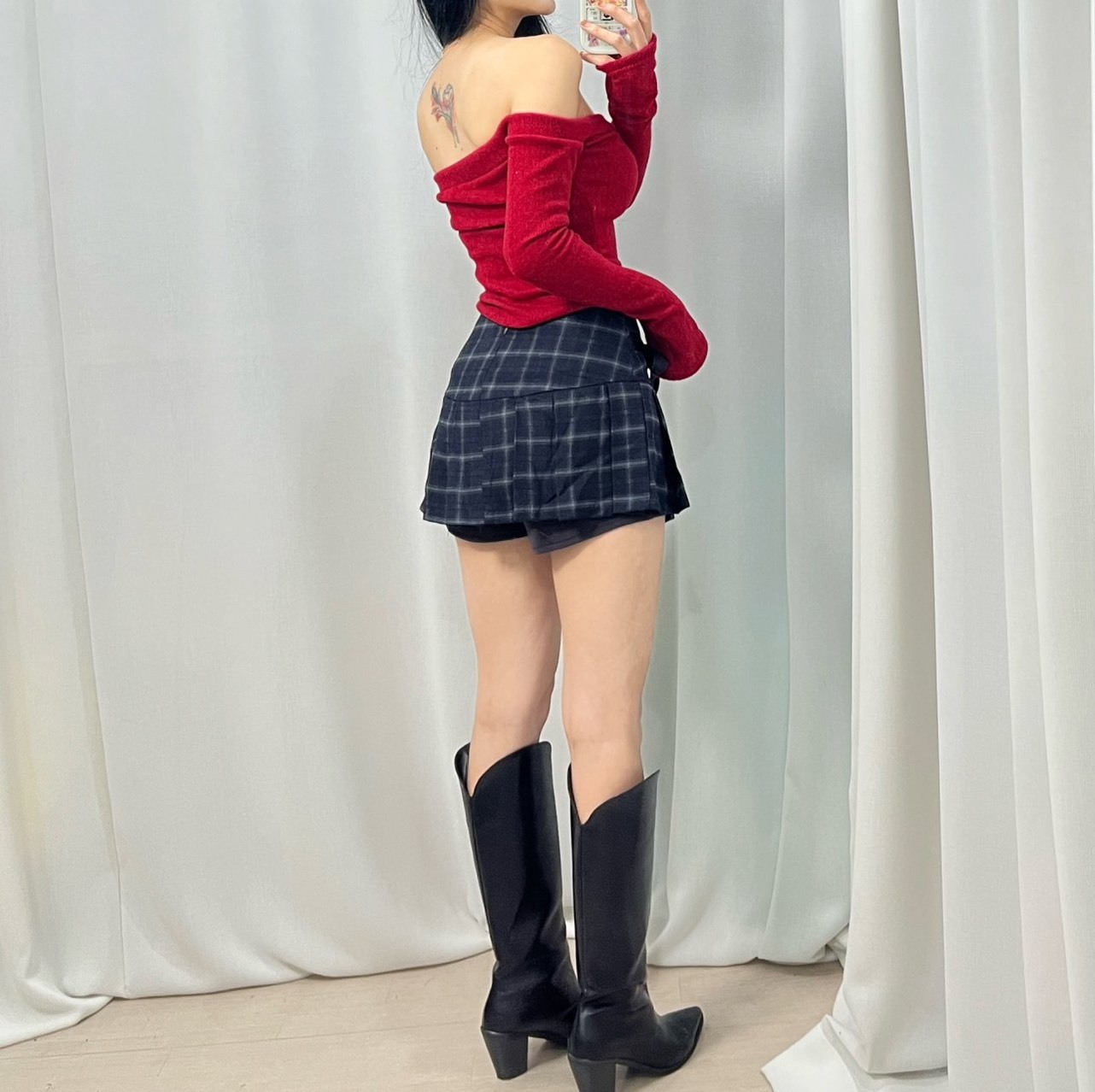 格子緞帶迷你短裙