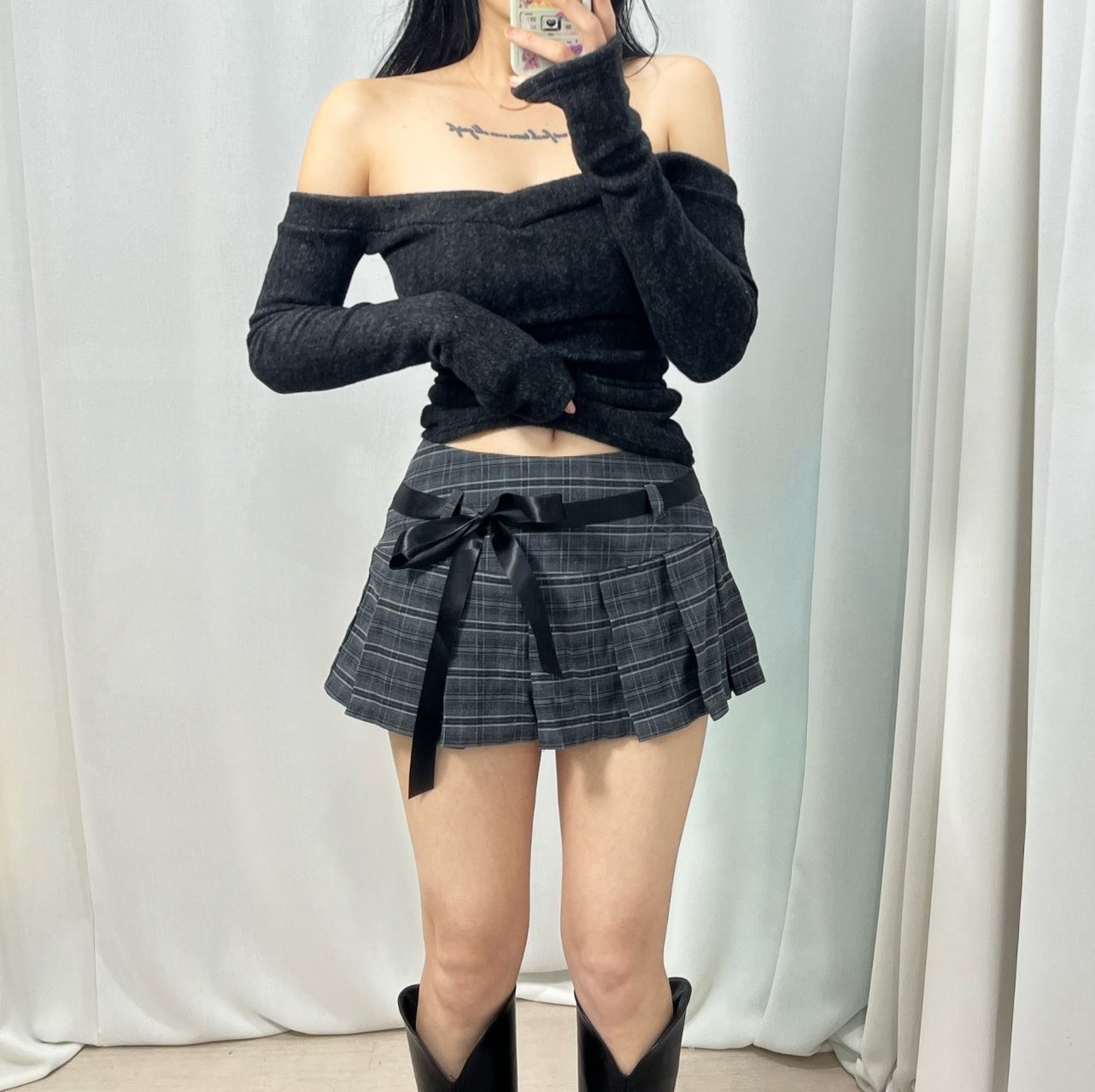 格子緞帶迷你短裙