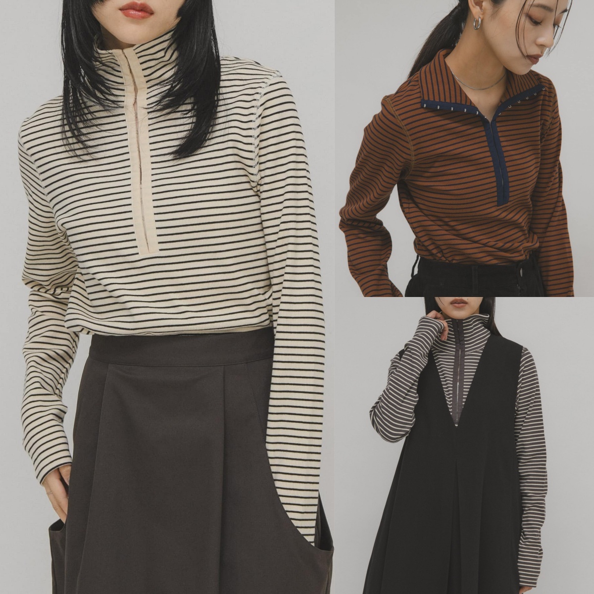 先行特價預購┃日本 KBF 高領 鉤扣 條紋 上衣