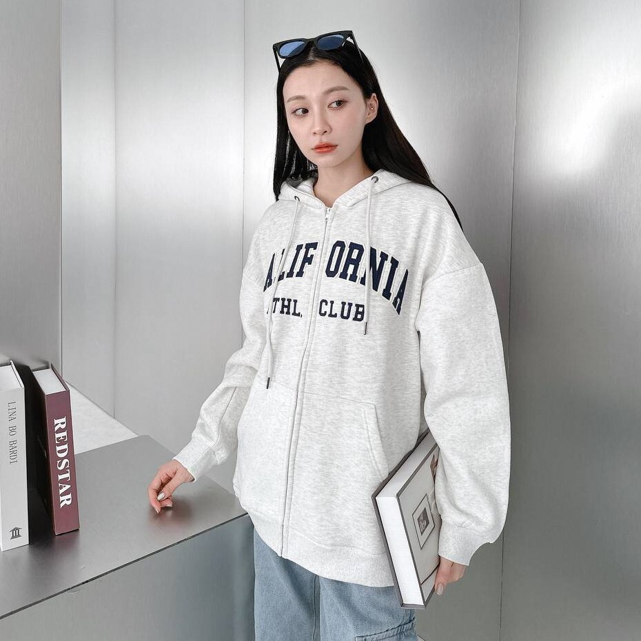 韓版 外套 連帽外套 CALIFORNIA 刺繡 寬鬆 落肩 微刷毛 男女可穿