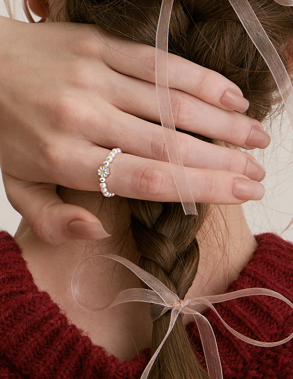 【925純銀】小雛菊貝珠彈性繩戒指