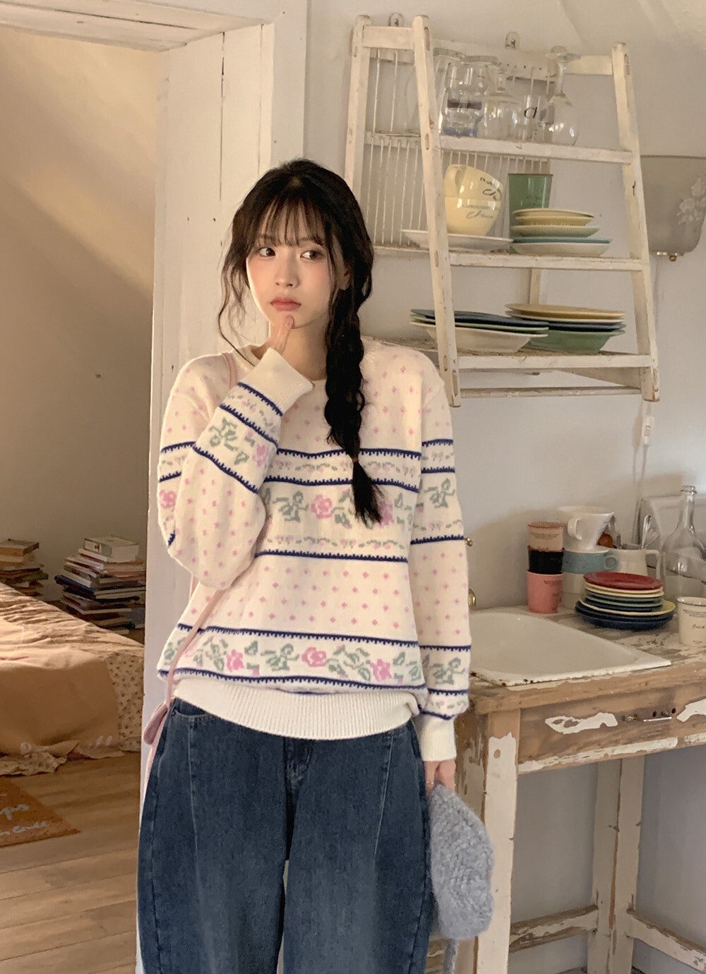 韓國grace muse授權 浪漫復古花卉圖騰寬鬆針織毛衣