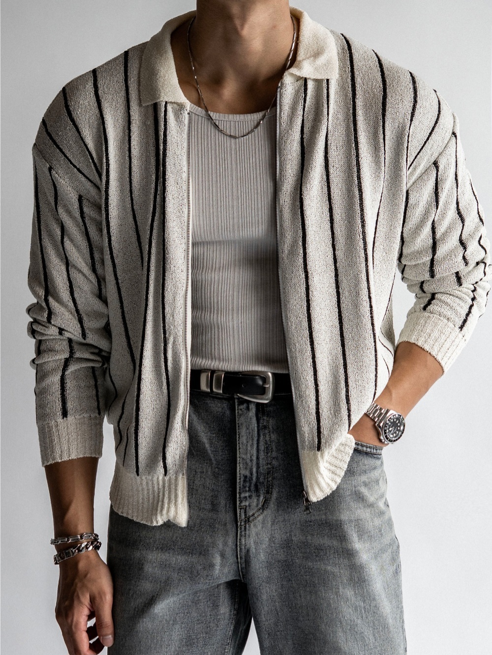 圈圈紗領子拉鍊針織衫