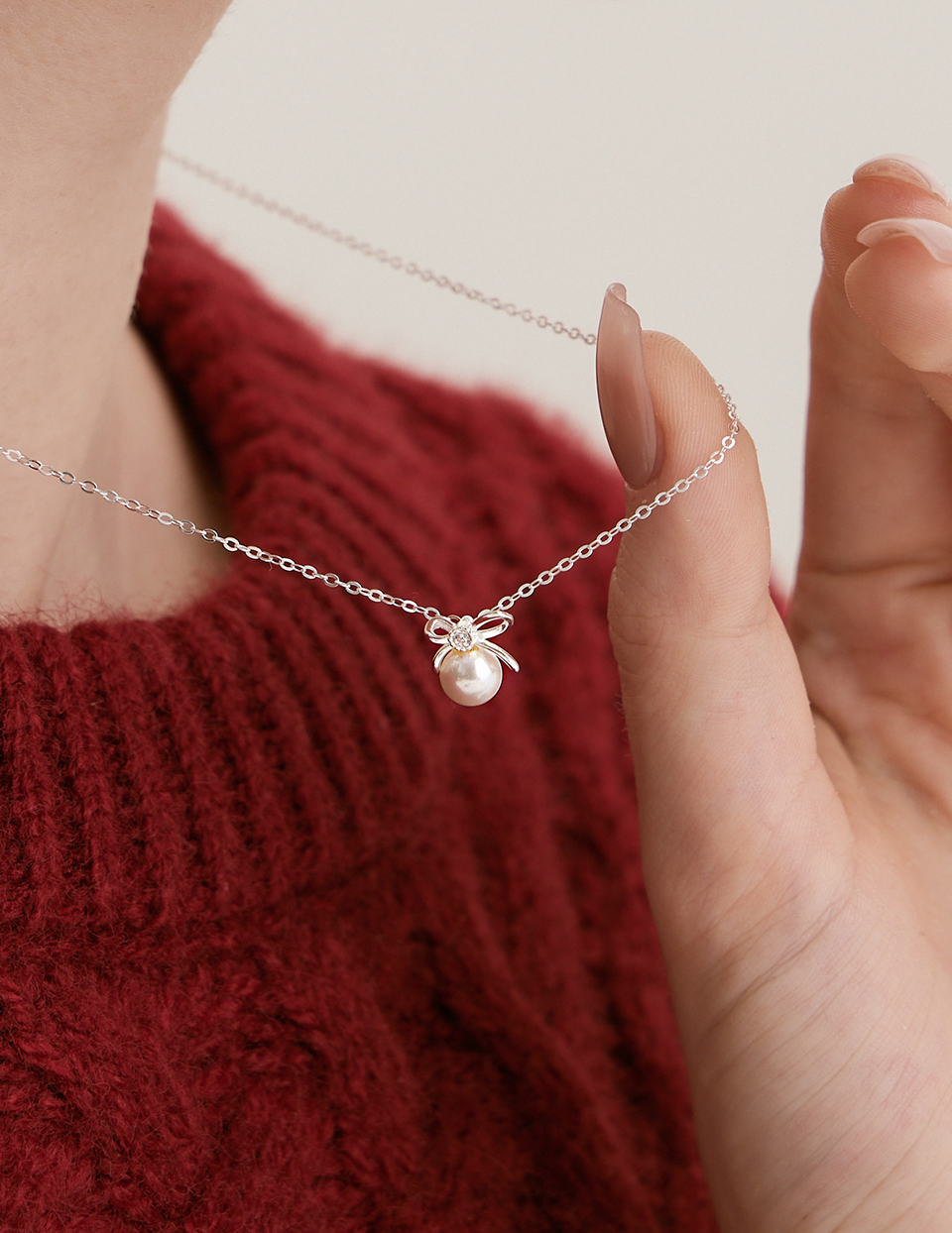 【925純銀】單鑽珍珠蝴蝶結項鍊