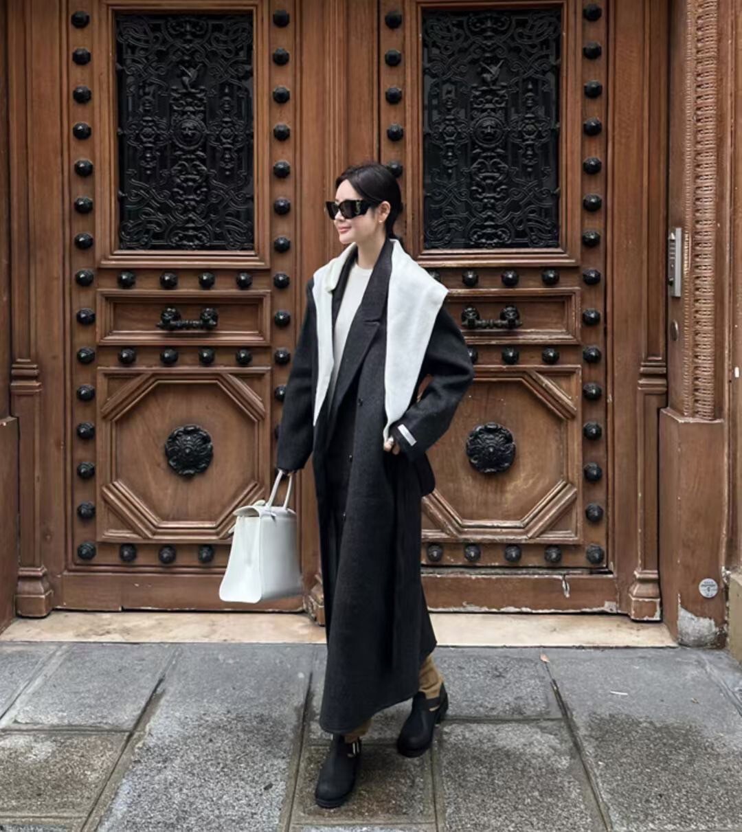 氣勢感雙排釦手工羊毛大衣外套-附綁帶 / 2色