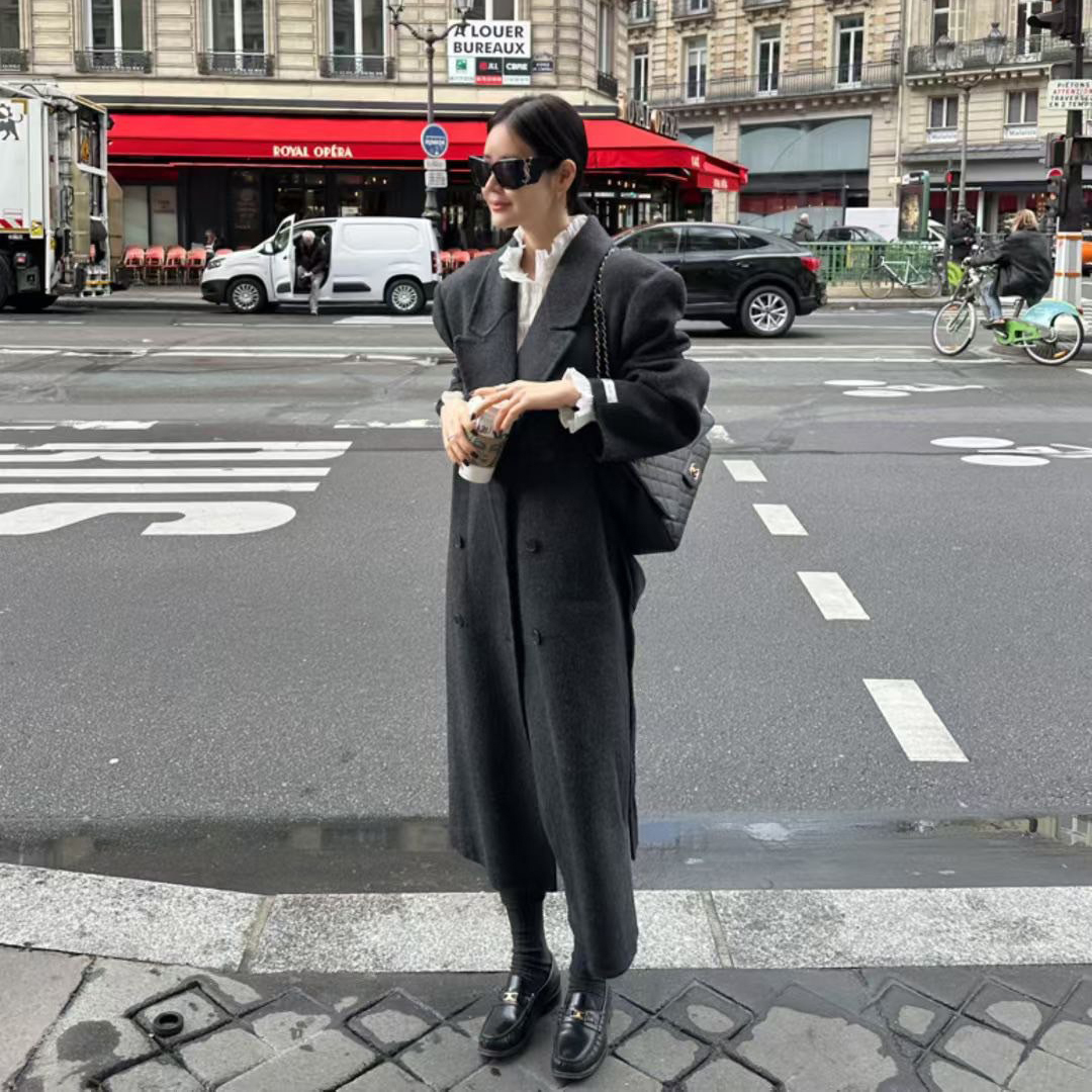 氣勢感雙排釦手工羊毛大衣外套-附綁帶 / 2色