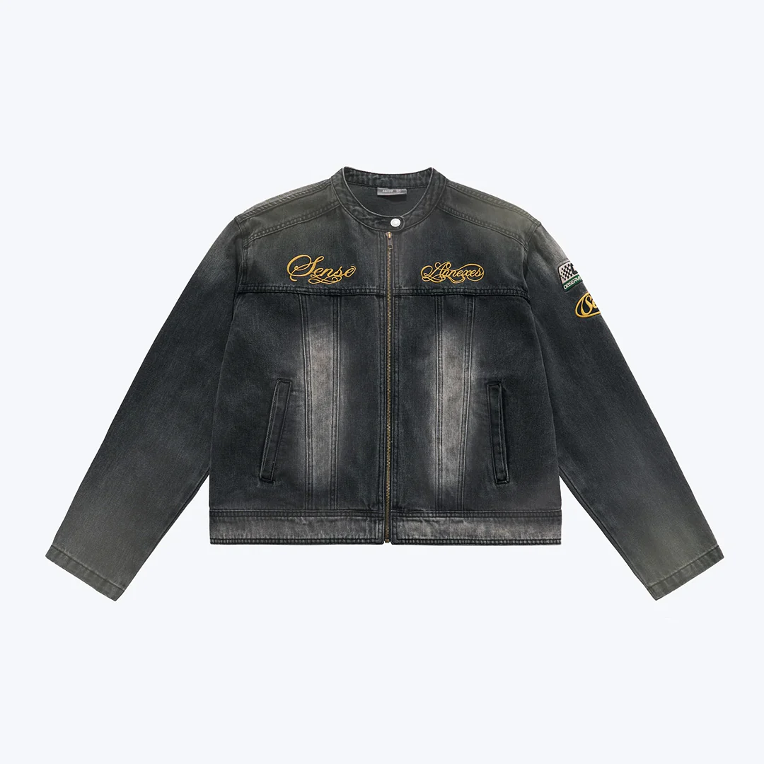 Sense Store Embroidered Moto Denim Jacket - Charcoal | L25-44