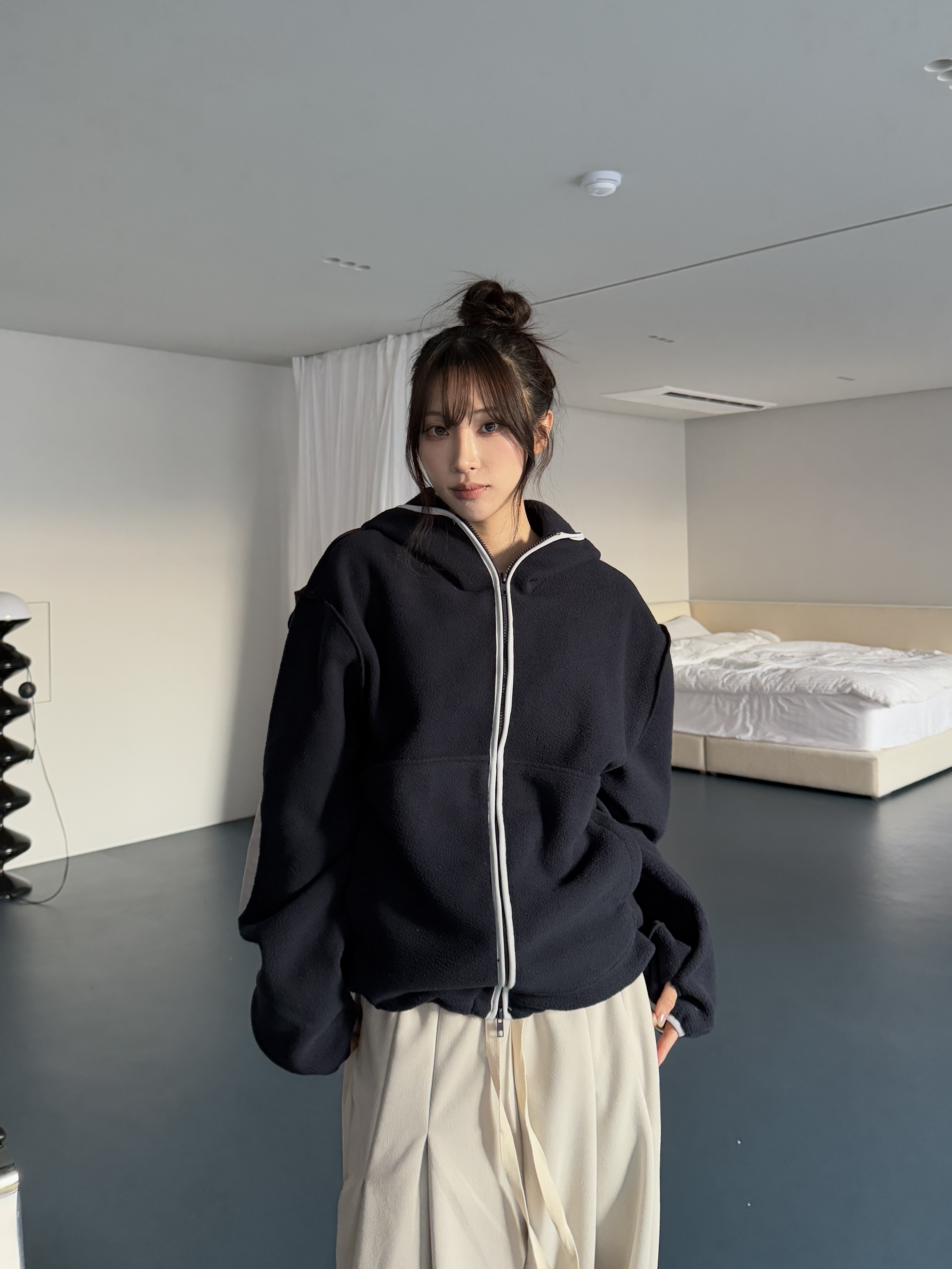 立體剪裁 絨毛拼接 寬鬆連帽外套（部分現貨）