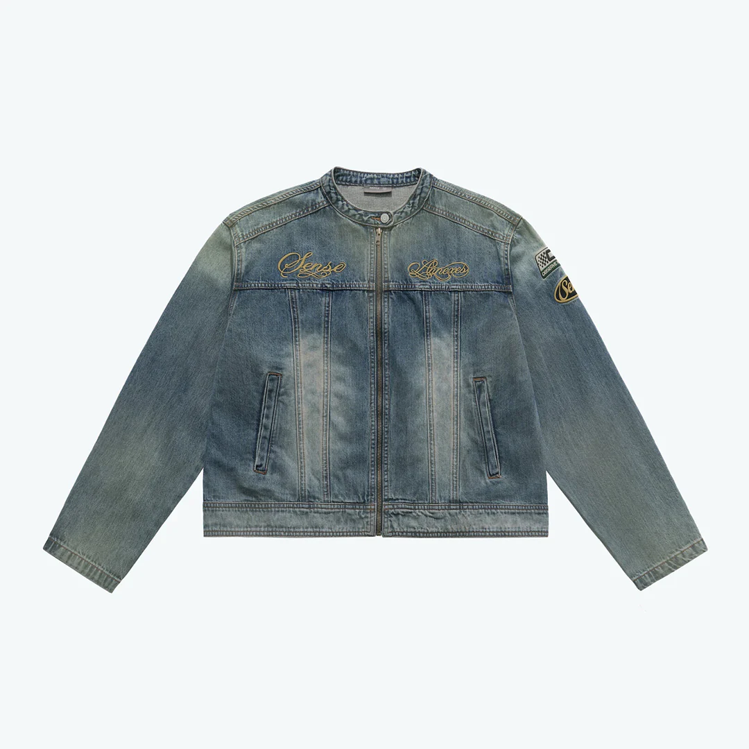 Sense Store Embroidered Moto Denim Jacket - Light Indigo | L25-44