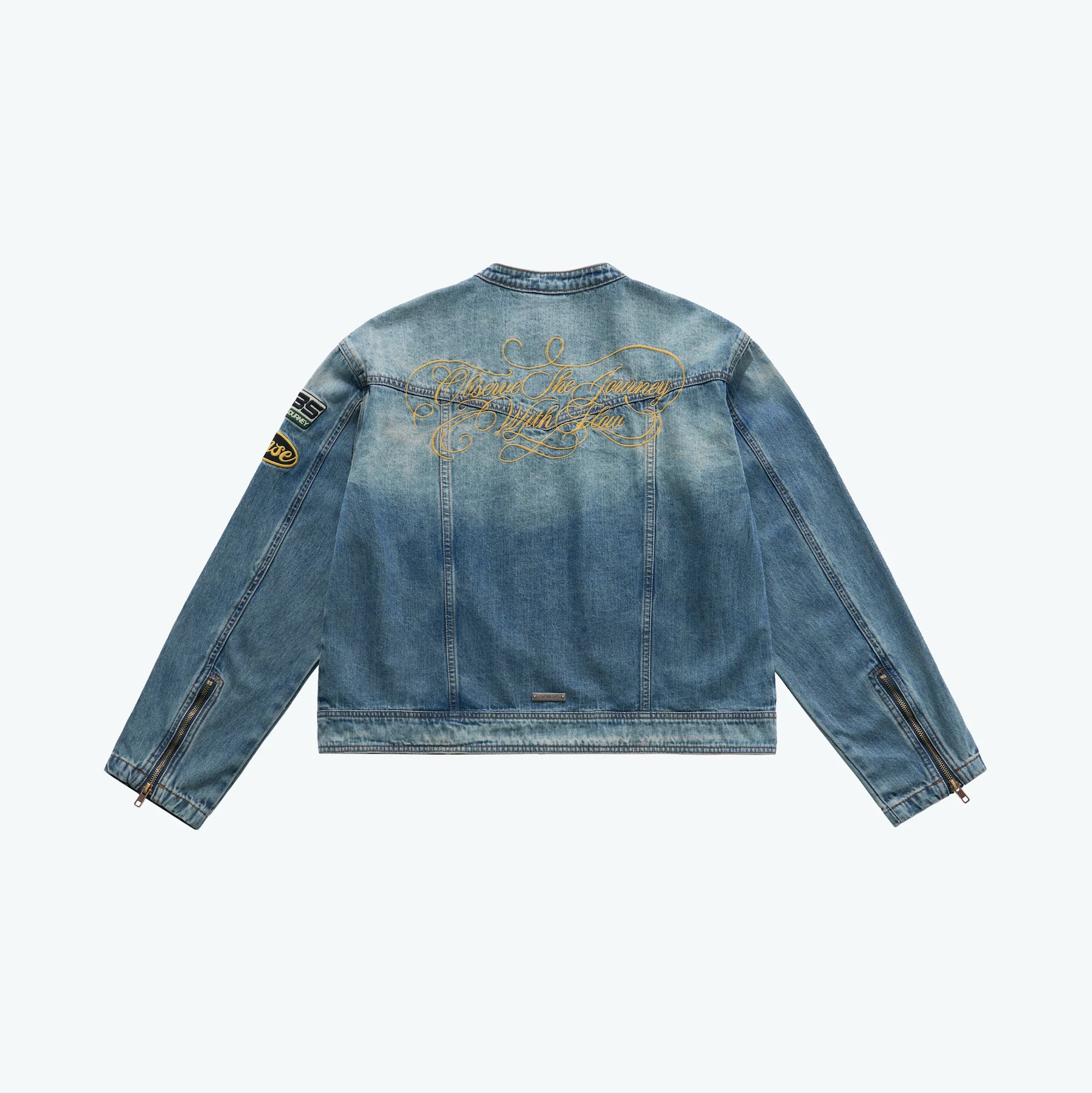 Sense Store Embroidered Moto Denim Jacket - Light Indigo | L25-44