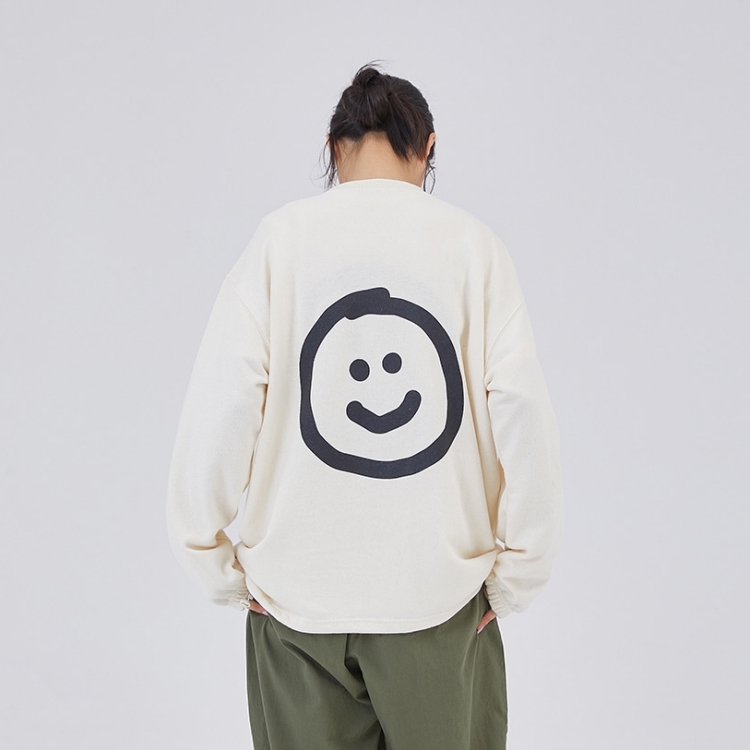 韓國 ooowl 寬鬆抽繩長袖大學T 大笑臉 BIG LOVE 米