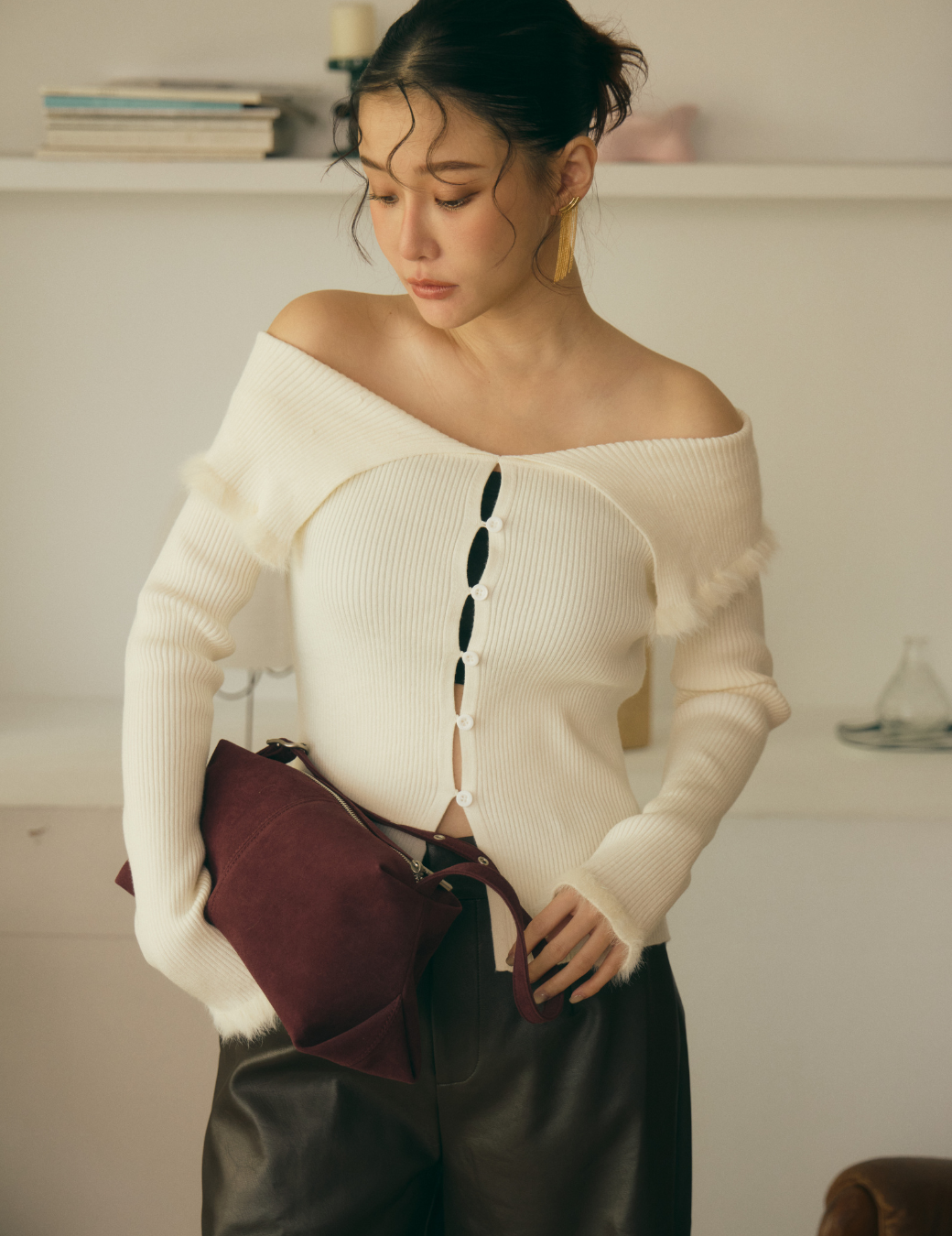 翻領毛毛邊排扣針織上衣（淺杏色/3尺寸）