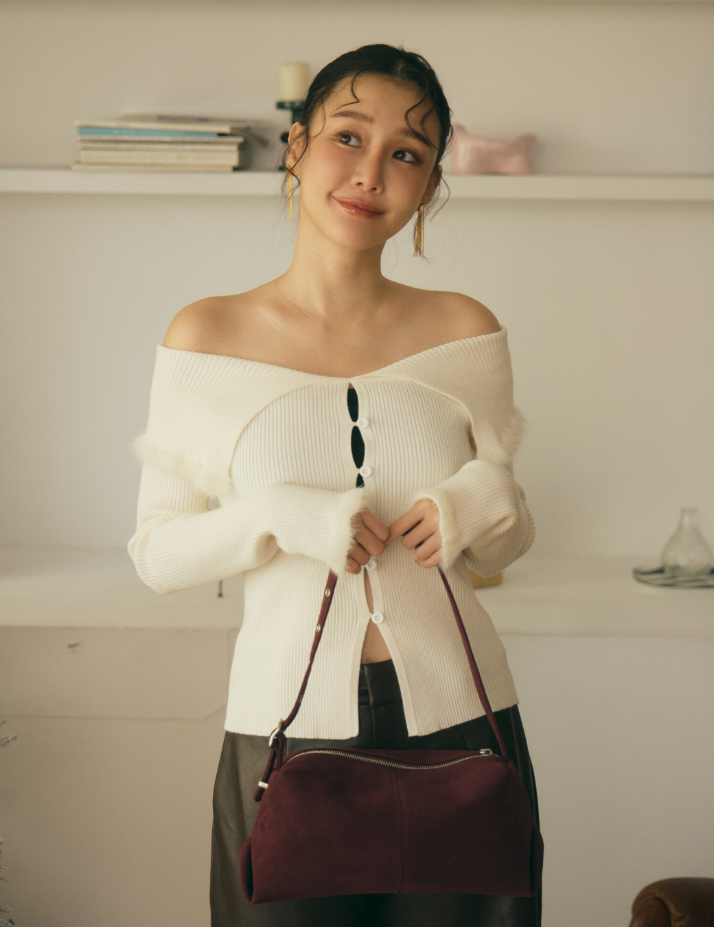 翻領毛毛邊排扣針織上衣（淺杏色/3尺寸）