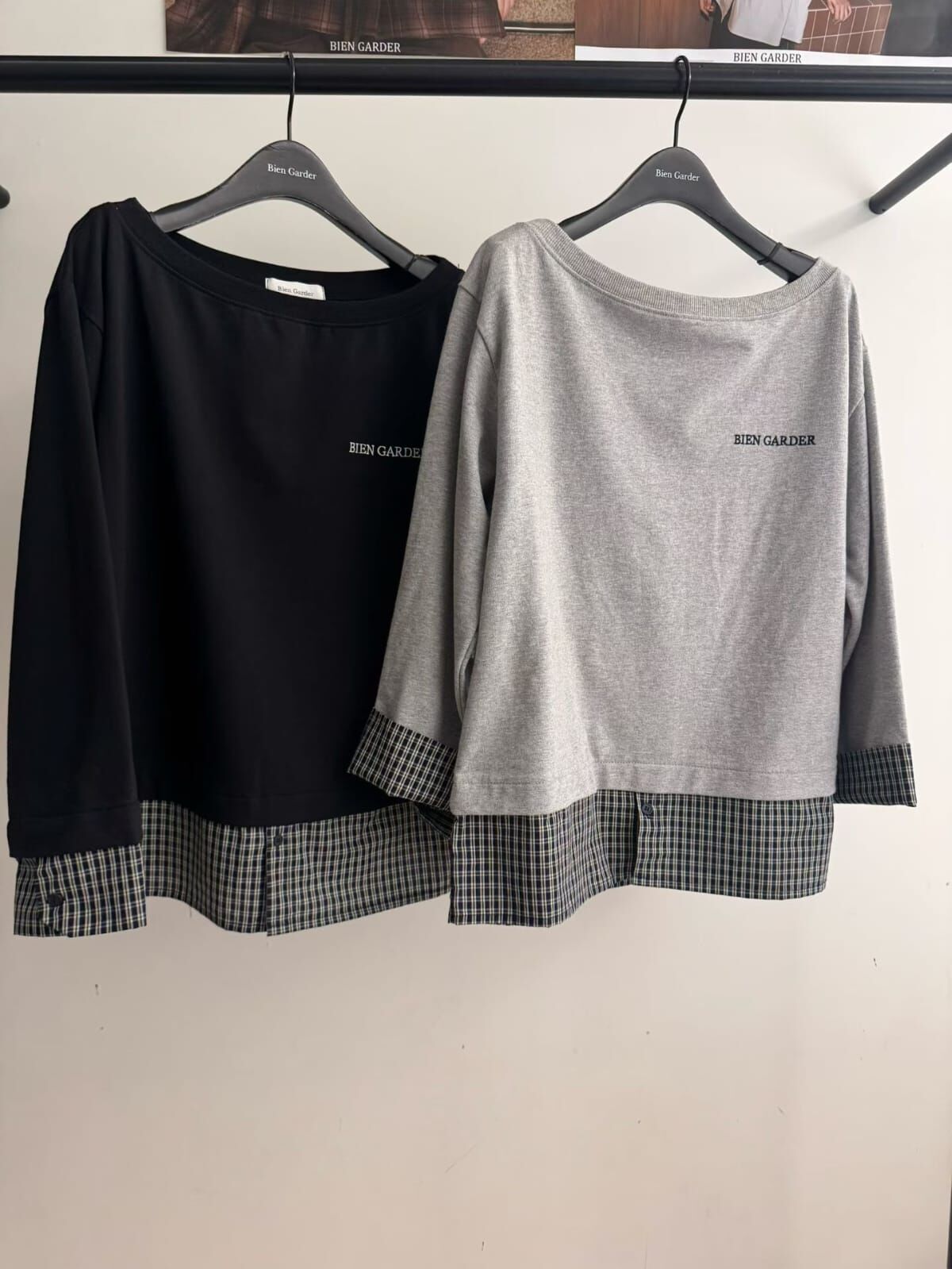 BG5348 一字領格仔襯衫拼接棉上衣