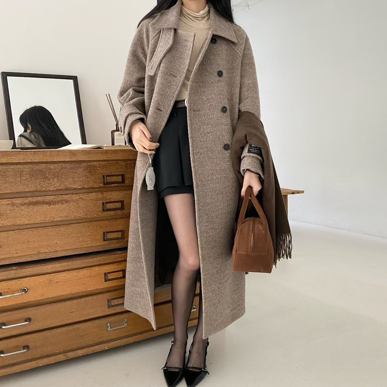 100%羊毛雙排釦翻領造型手工大衣外套-附綁帶 / 4色