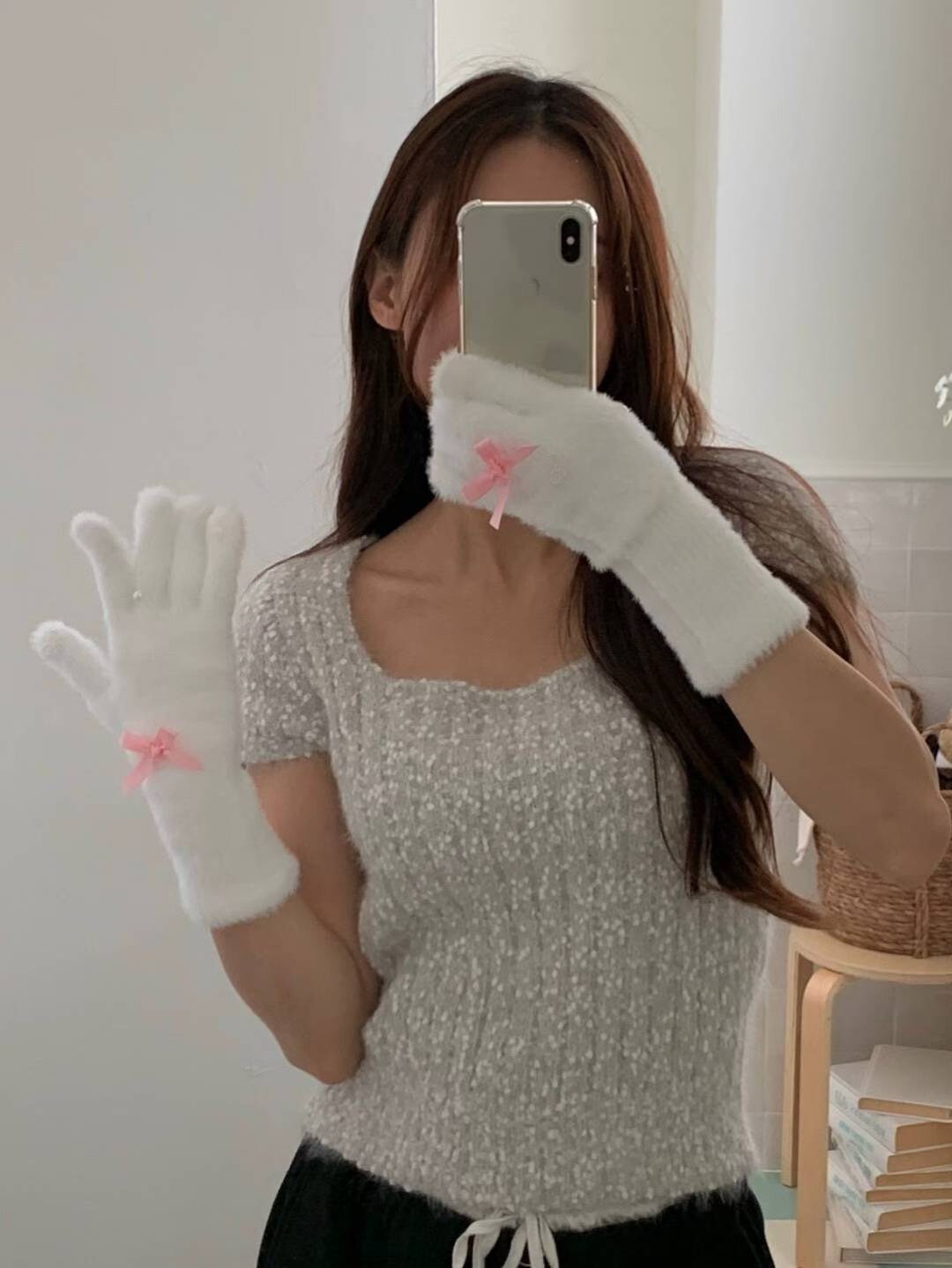 緞帶蝴蝶結造型毛絨絨手套 / 3色