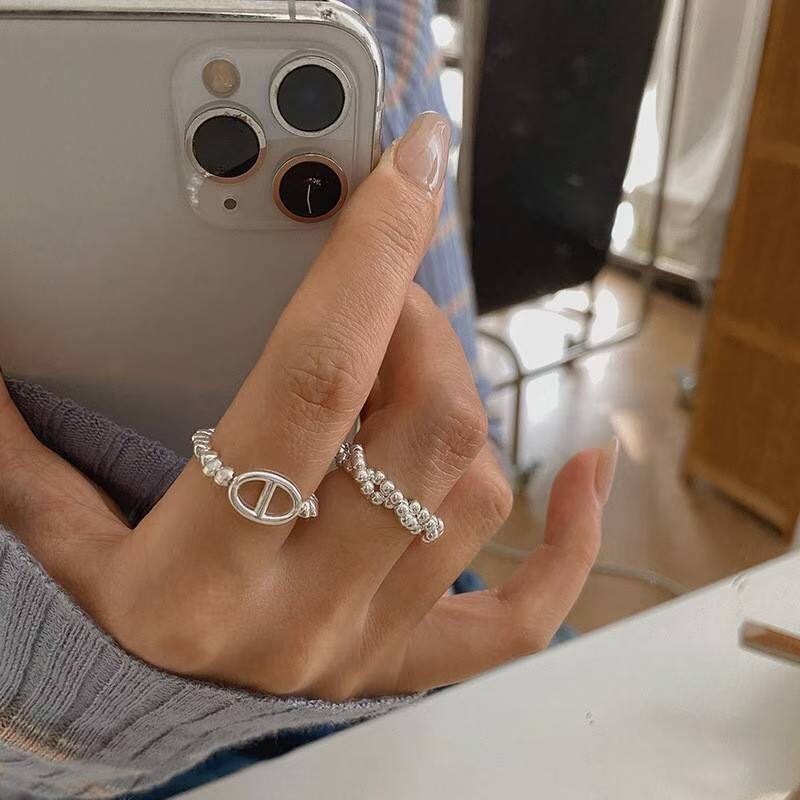 質感銀球球編織感戒指+豬鼻子戒指SET